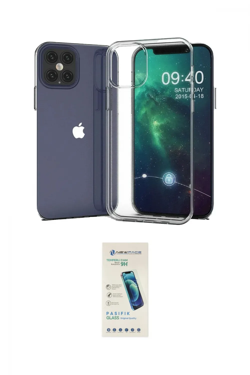 ieg™ iPhone 12 Kılıf Zirve Doku - Şeffaf Pasifik Cam Ekran Koruyucu