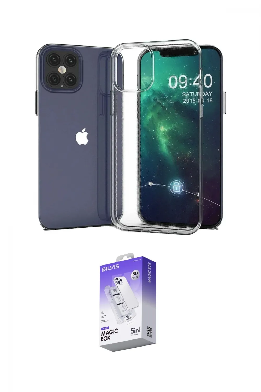 ieg™ iPhone 12 Kılıf Zirve Doku - Siyah Bilvis 5in1 3D Magic Cam Ekran Koruyucu