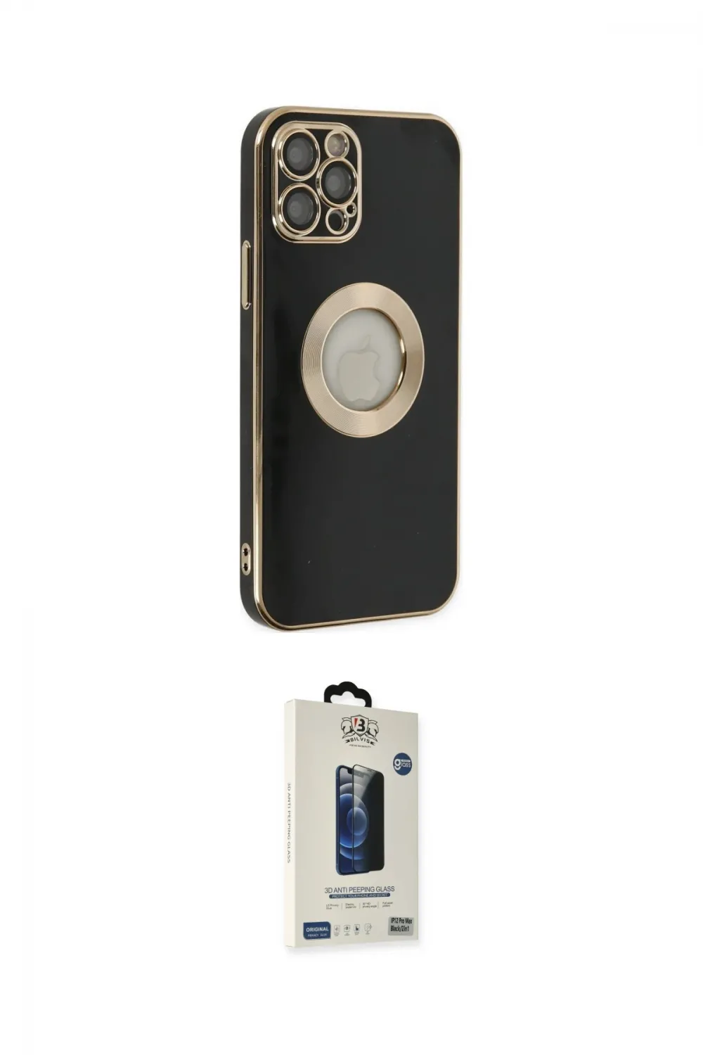 ieg™ iPhone 12 Pro Max Kılıf İz Form Serisi - Siyah Bilvis Hayalet Cam Ekran Koruyucu