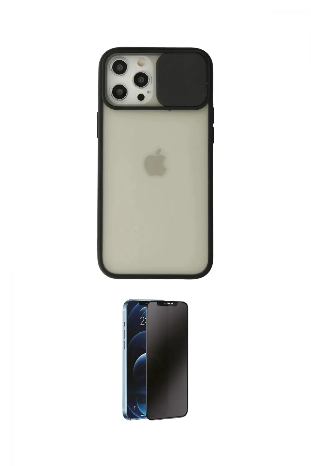 ieg™ iPhone 12 Pro Max Kılıf Vadi Çizgi - Siyah 3D Antistatik Hayalet Cam Ekran Koruyucu
