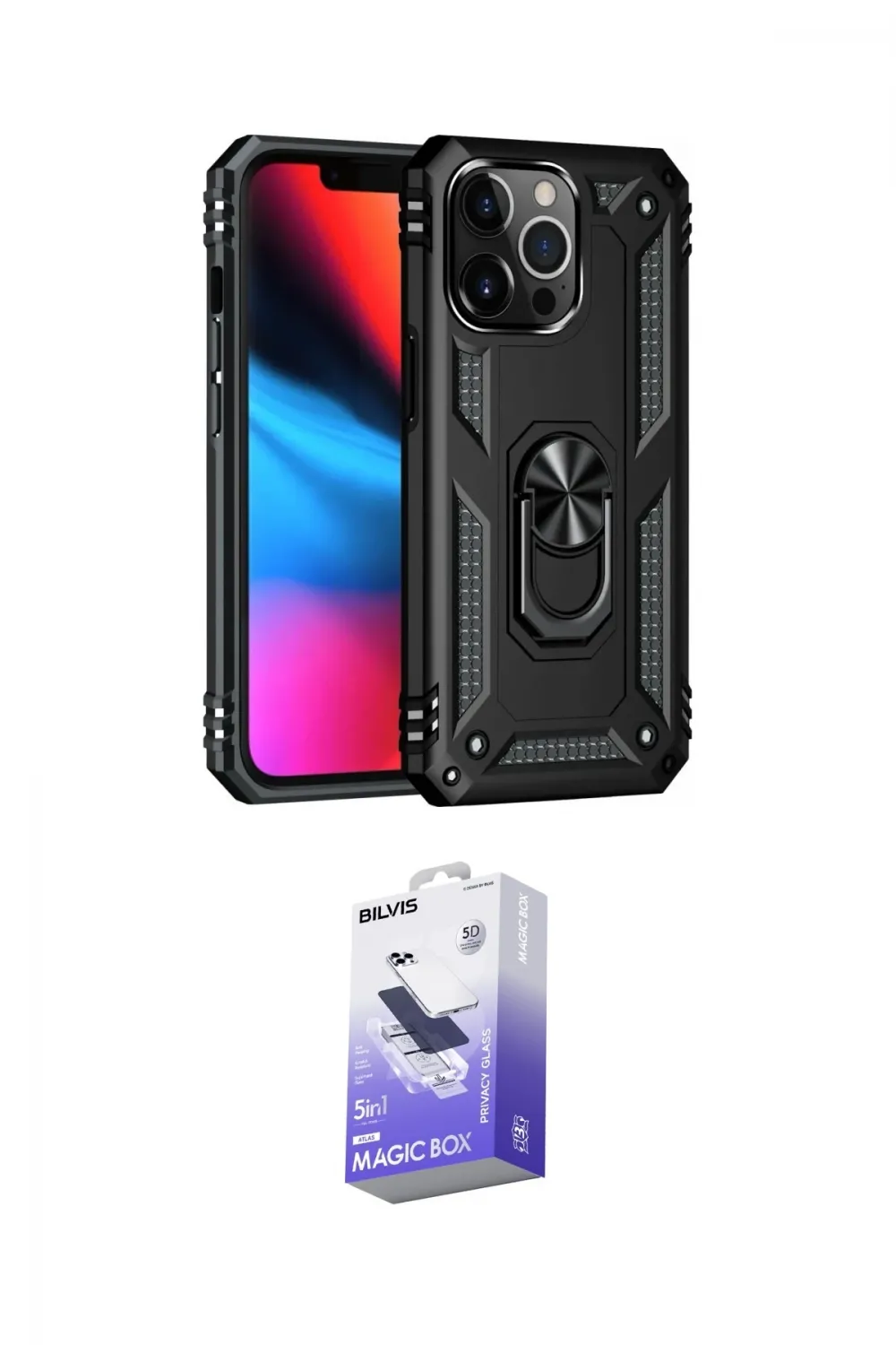 ieg™ iPhone 13 Pro Max Kılıf Ahenk Klasik Koleksiyonu - Siyah Bilvis 5in1 5D Magic Hayalet Cam Ekran Koruyucu