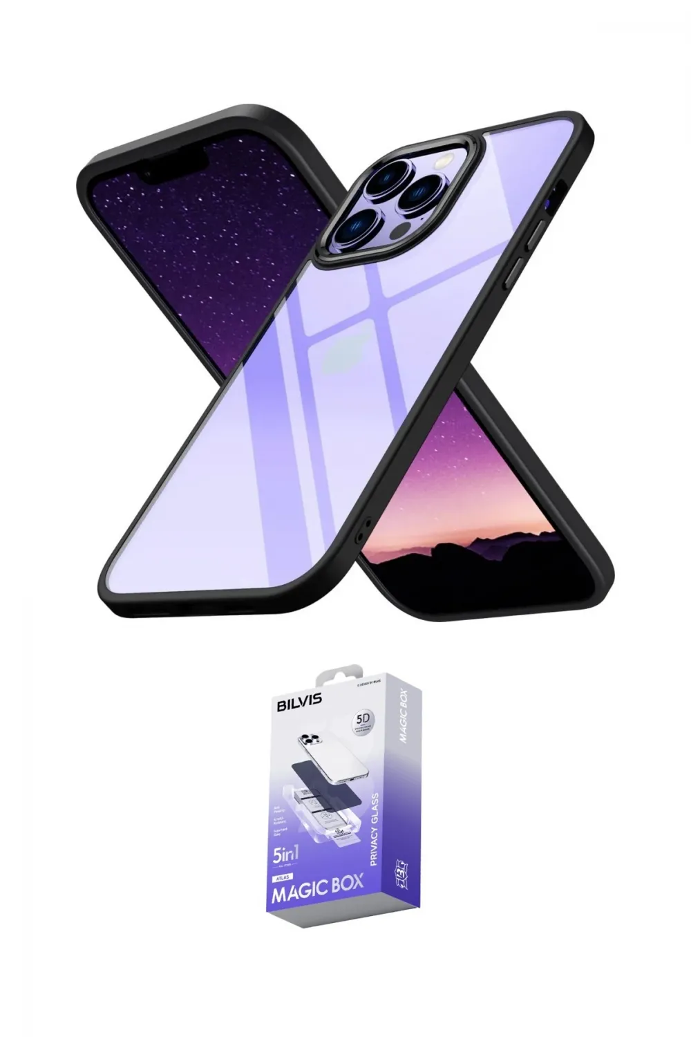 ieg™ iPhone 13 Pro Max Kılıf Nova Işık Serisi - Siyah Bilvis 5in1 5D Magic Hayalet Cam Ekran Koruyucu