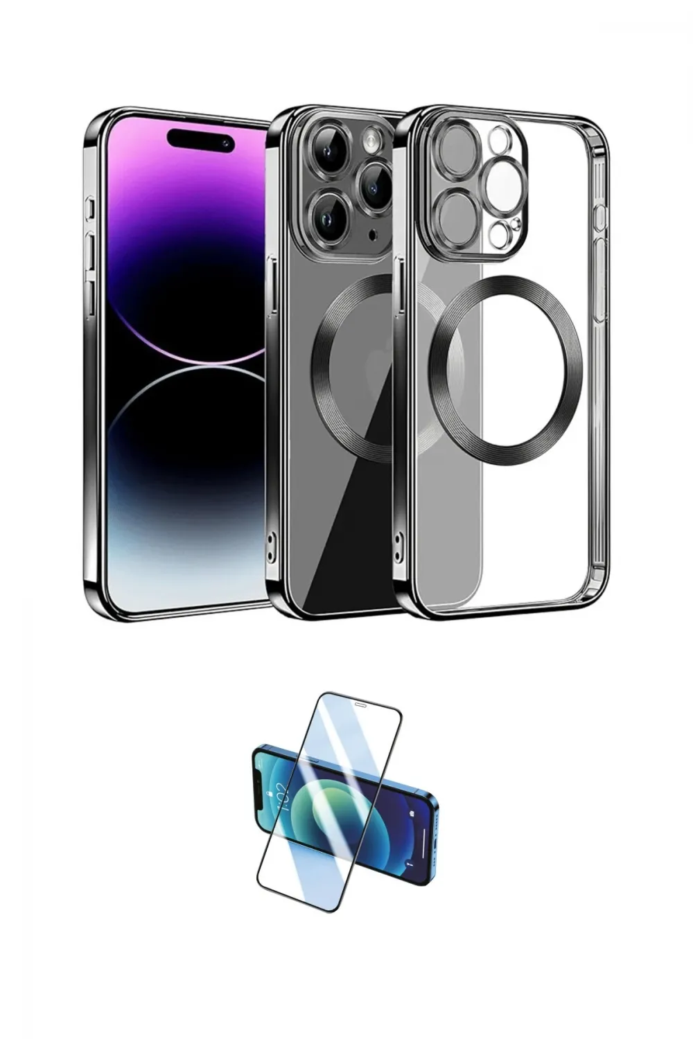 ieg™ iPhone 13 Pro Max Kılıf Pusula Form - Siyah 3D Antistatik Cam Ekran Koruyucu