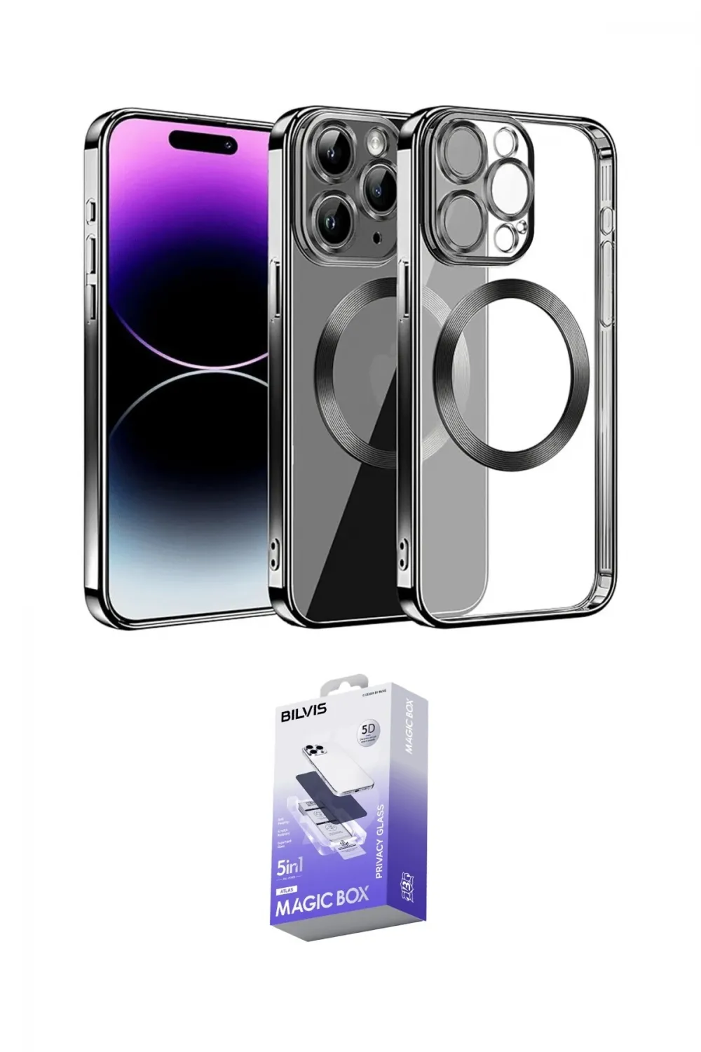 ieg™ iPhone 13 Pro Max Kılıf Pusula Form - Siyah Bilvis 5in1 5D Magic Hayalet Cam Ekran Koruyucu