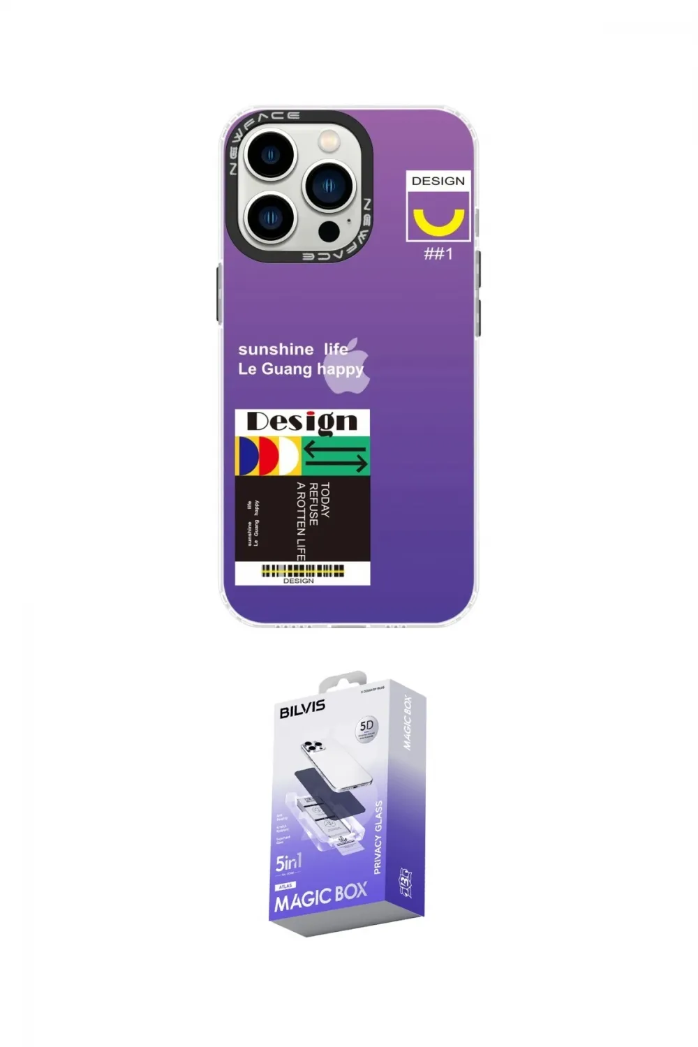 ieg™ iPhone 13 Pro Max Kılıf Siluet Çizgi Koleksiyonu - Siyah Bilvis 5in1 5D Magic Hayalet Cam Ekran Koruyucu