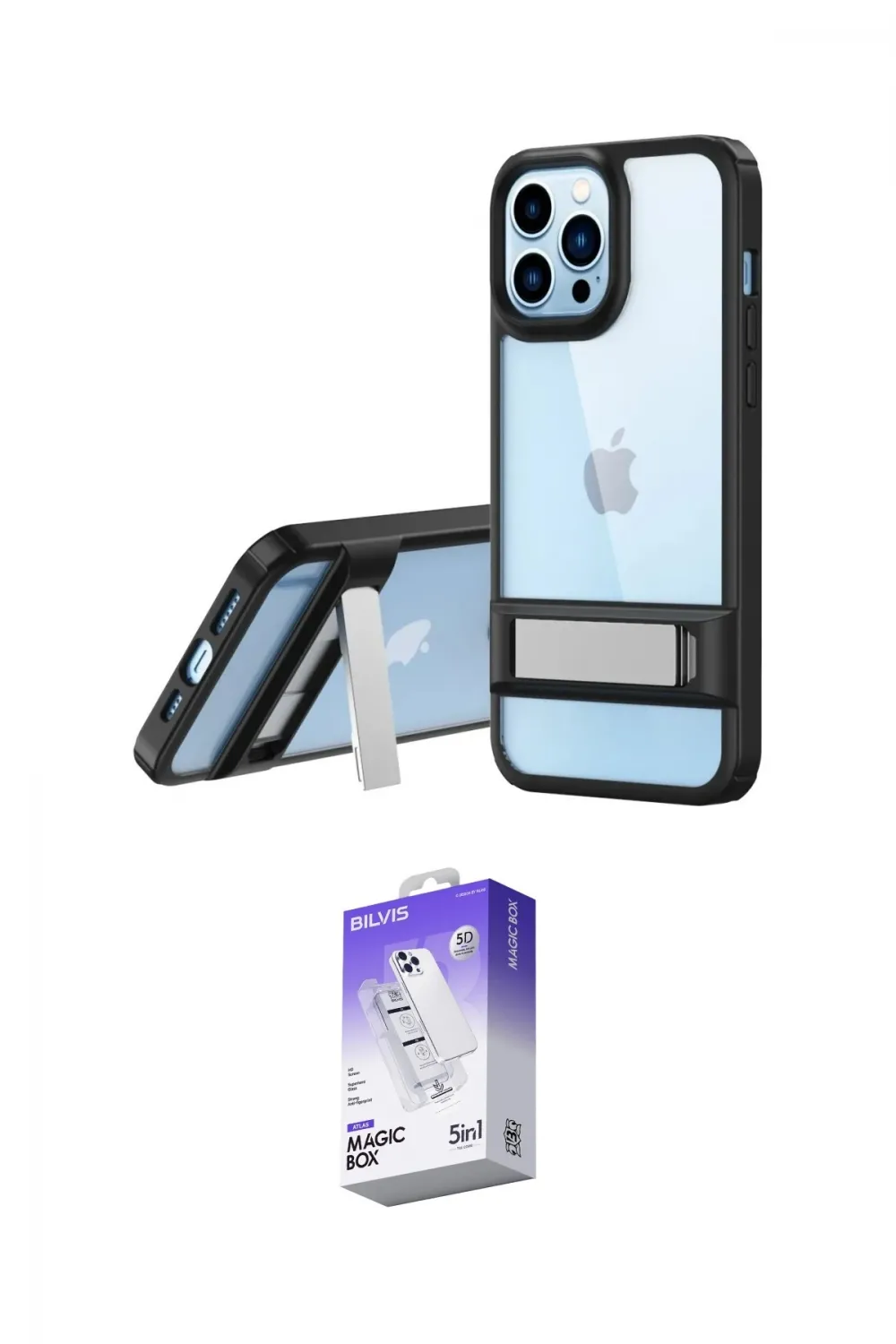ieg™ iPhone 13 Pro Max Kılıf Yadigar Yansıma - Siyah Bilvis 5in1 3D Magic Cam Ekran Koruyucu