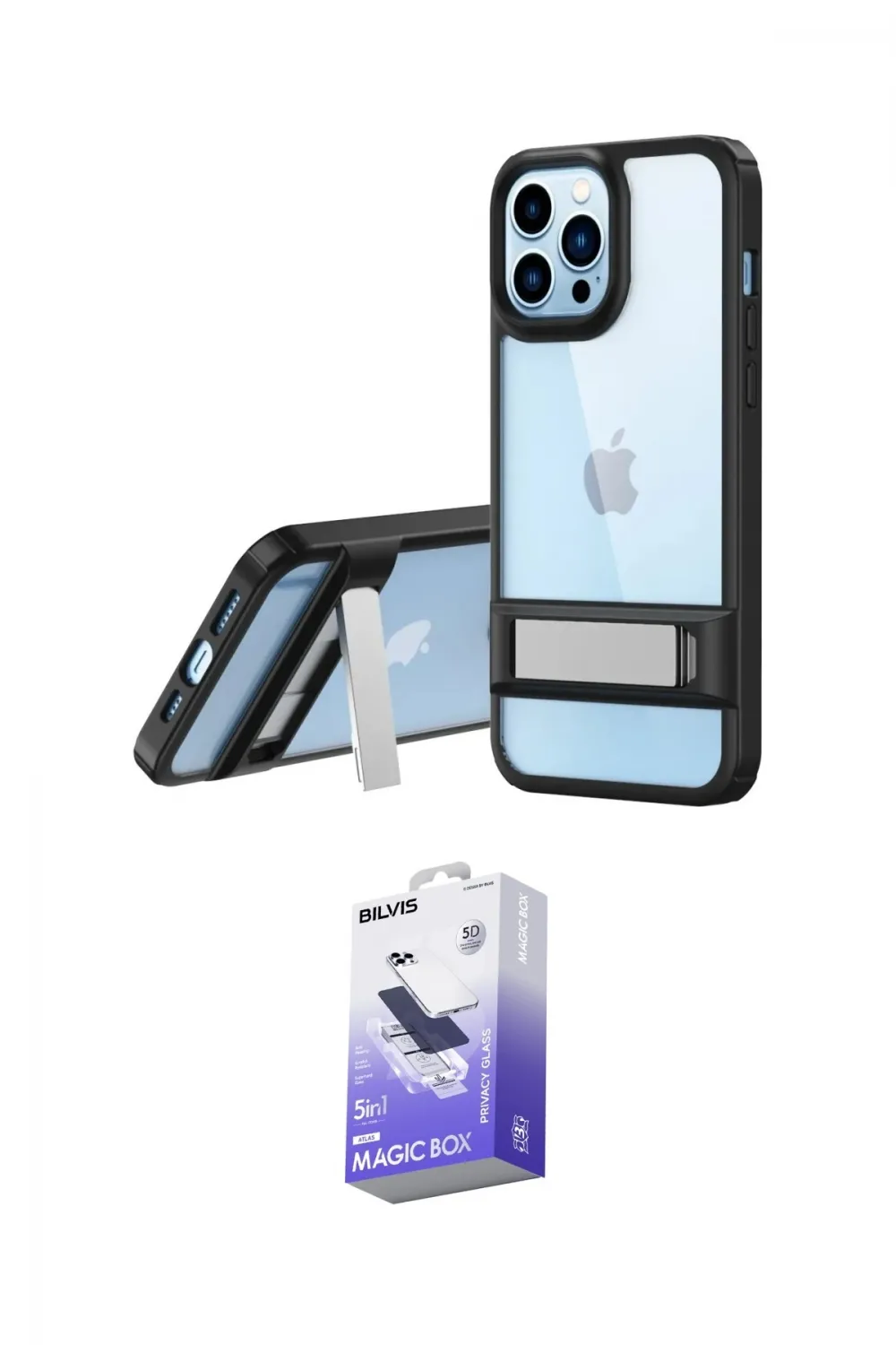 ieg™ iPhone 13 Pro Max Kılıf Yadigar Yansıma - Siyah Bilvis 5in1 5D Magic Hayalet Cam Ekran Koruyucu