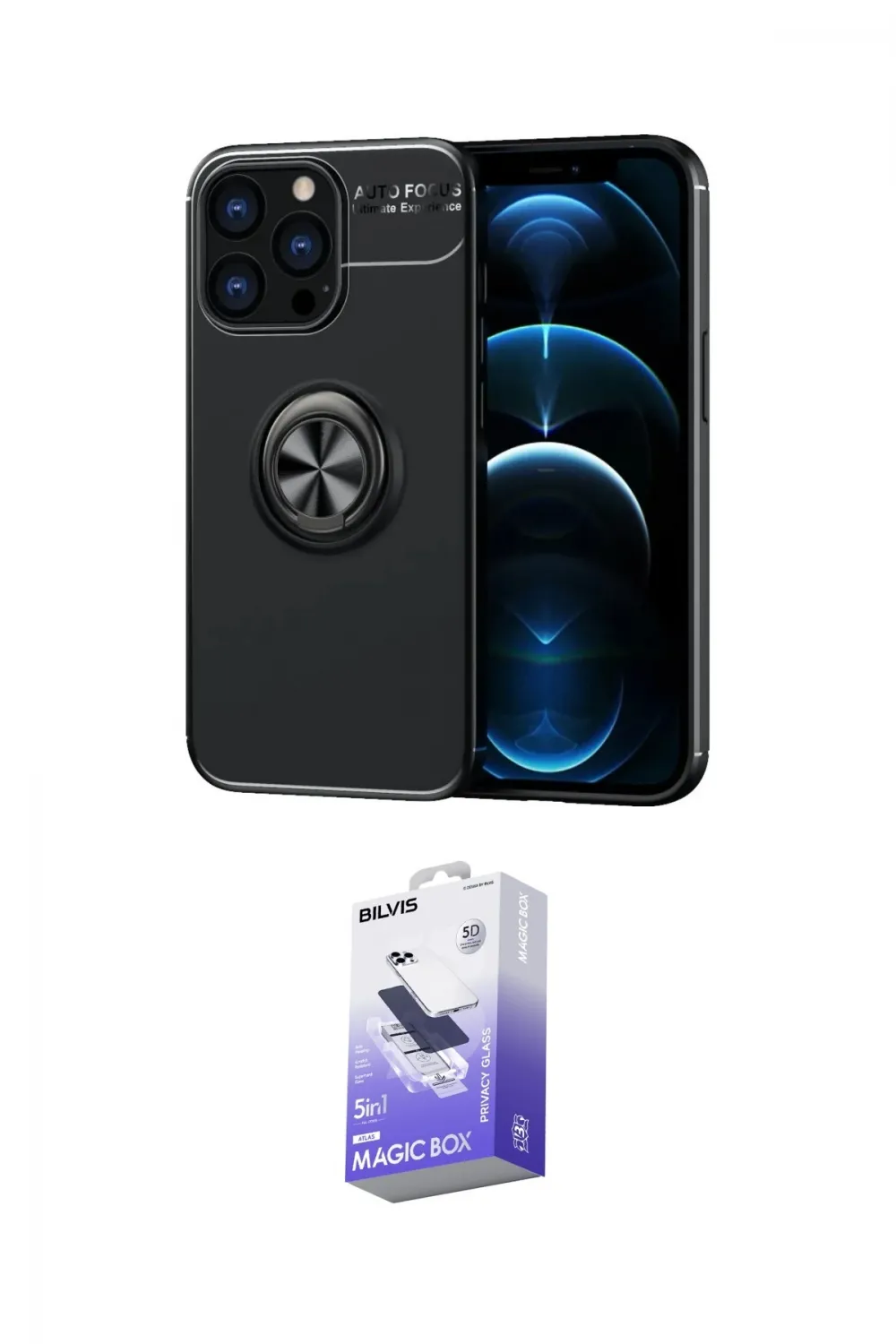 ieg™ iPhone 13 Pro Max Kılıf Yankı Form Prime - Siyah Bilvis 5in1 5D Magic Hayalet Cam Ekran Koruyucu