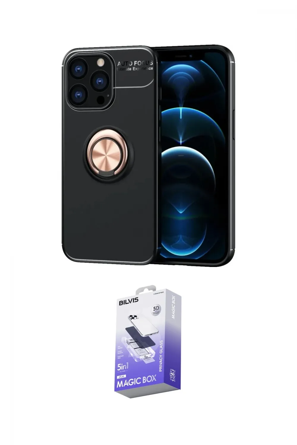 ieg™ iPhone 13 Pro Max Kılıf Yankı Form Prime - Siyah Bilvis 5in1 5D Magic Hayalet Cam Ekran Koruyucu