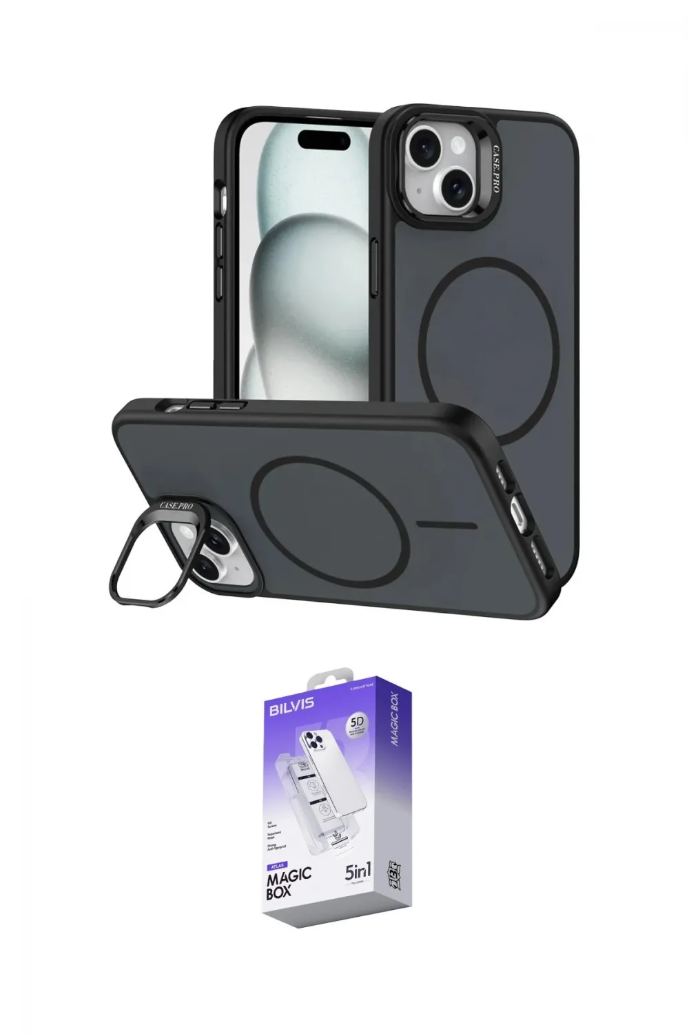 ieg™ iPhone 14 Kılıf Çekirdek Klasik - Siyah Bilvis 5in1 3D Magic Cam Ekran Koruyucu