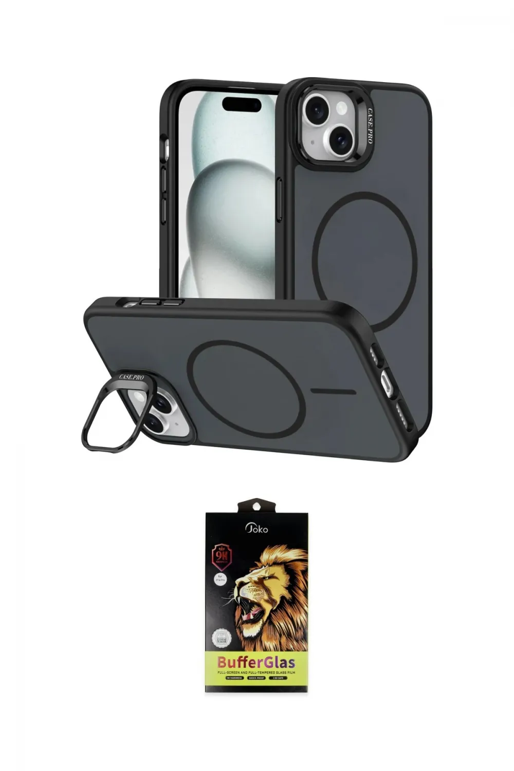ieg™ iPhone 14 Kılıf Çekirdek Klasik - Siyah Buffer Cam Ekran Koruyucu