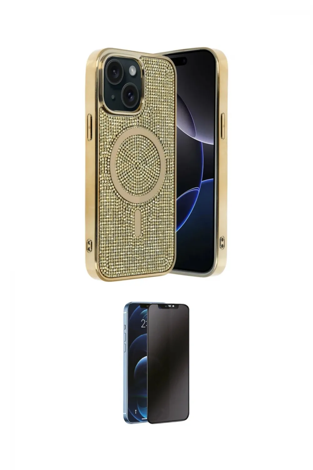 ieg™ iPhone 14 Kılıf Eksen Çizgi - Siyah 3D Antistatik Hayalet Cam Ekran Koruyucu