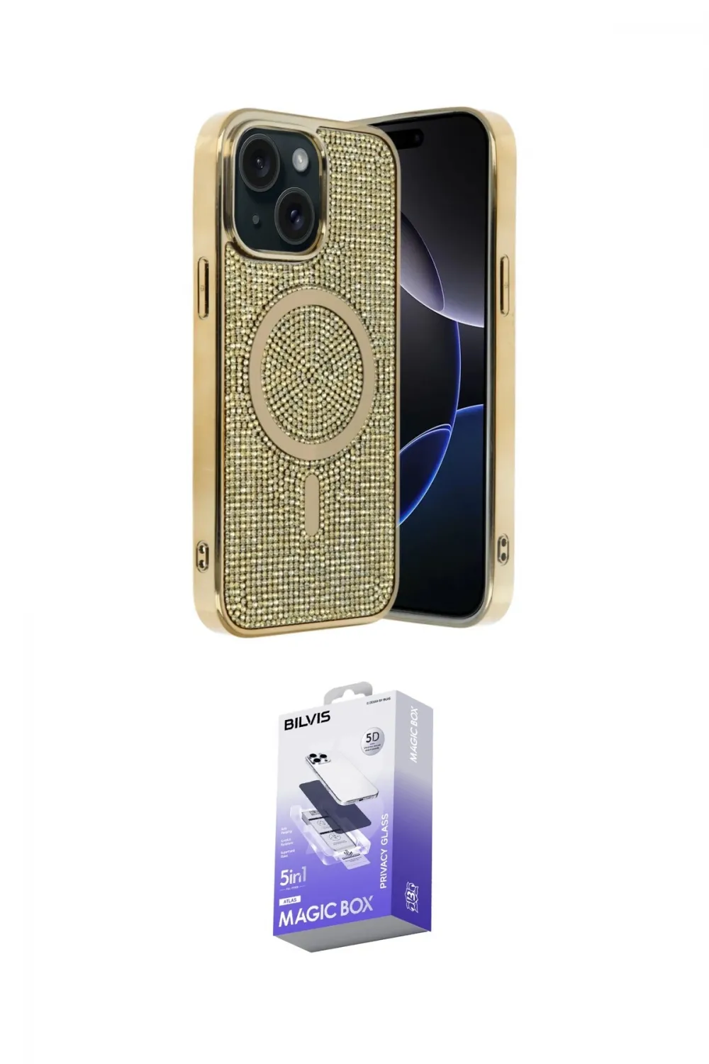 ieg™ iPhone 14 Kılıf Eksen Çizgi - Siyah Bilvis 5in1 5D Magic Hayalet Cam Ekran Koruyucu