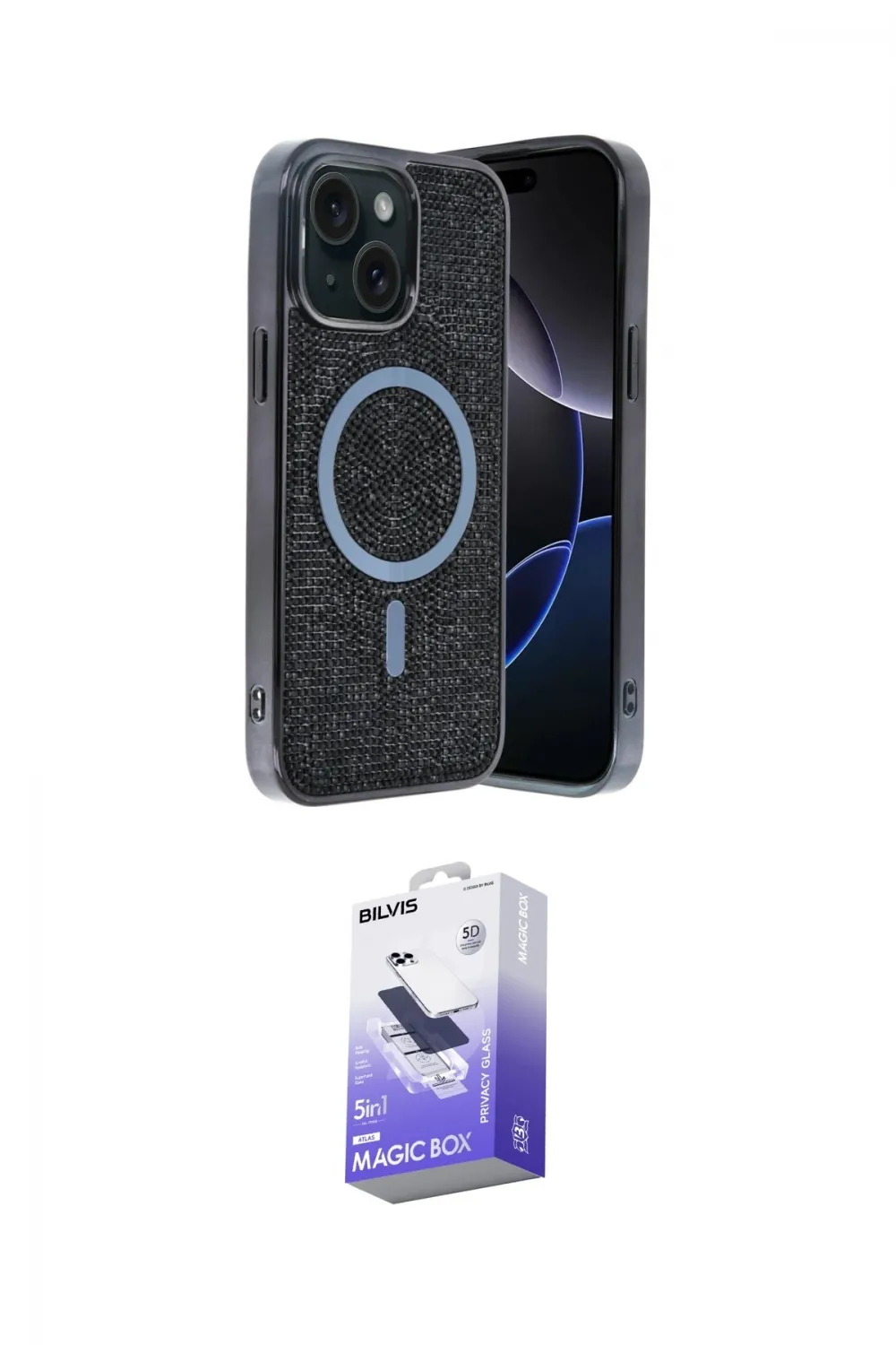ieg™ iPhone 14 Kılıf Eksen Çizgi - Siyah Bilvis 5in1 5D Magic Hayalet Cam Ekran Koruyucu