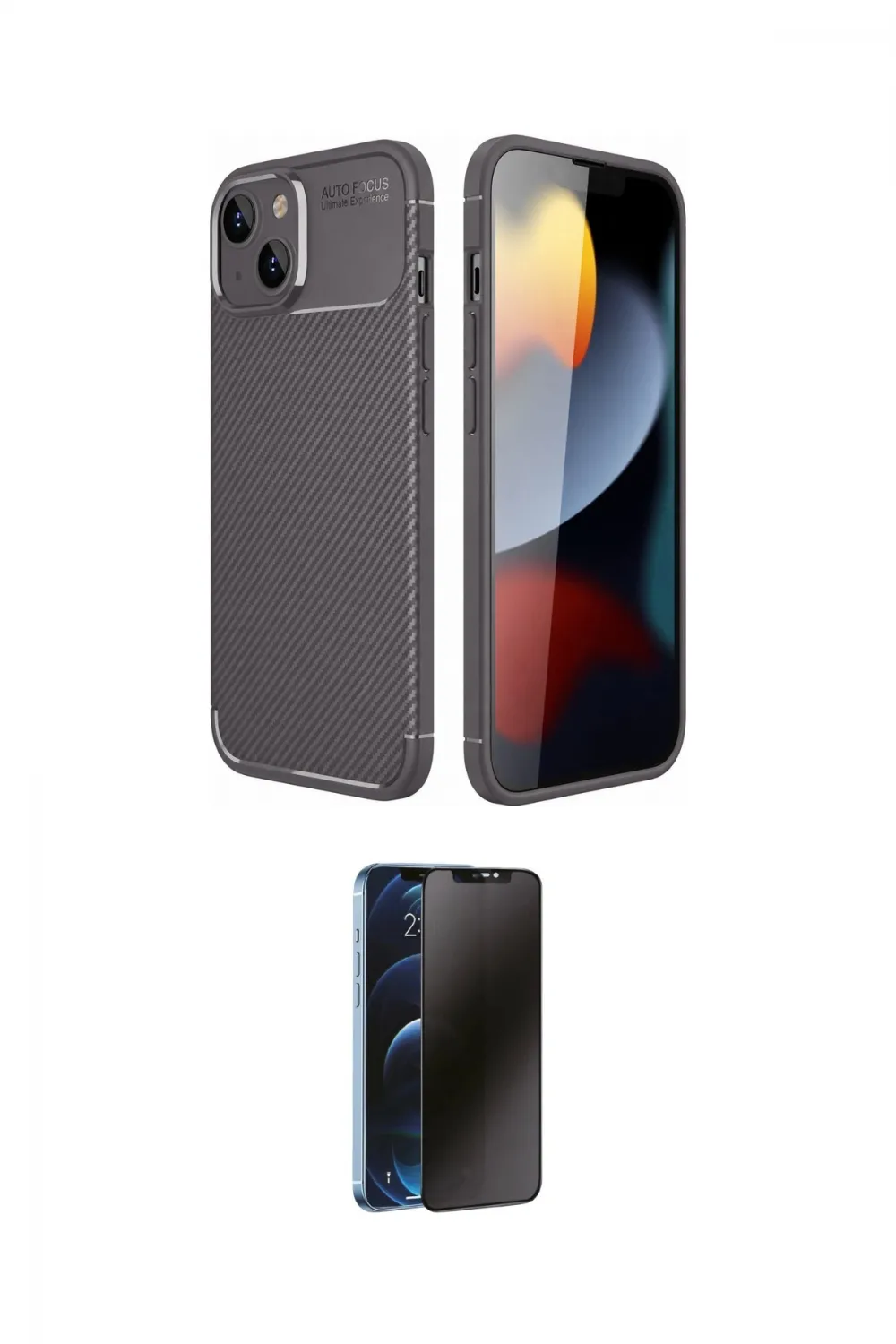 ieg™ iPhone 14 Kılıf Eksen Form Prime - Siyah 3D Antistatik Hayalet Cam Ekran Koruyucu