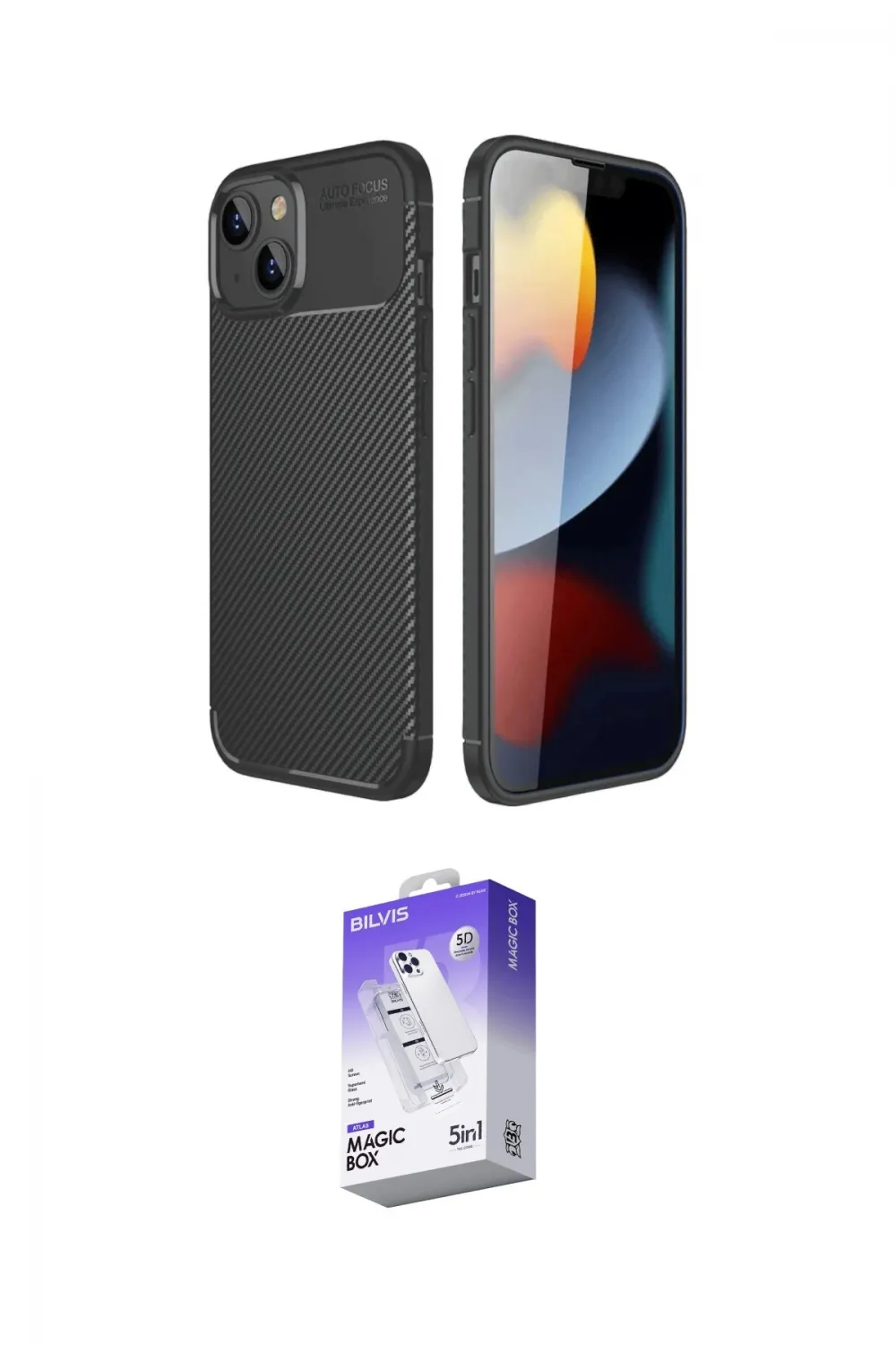ieg™ iPhone 14 Kılıf Eksen Form Prime - Siyah Bilvis 5in1 3D Magic Cam Ekran Koruyucu