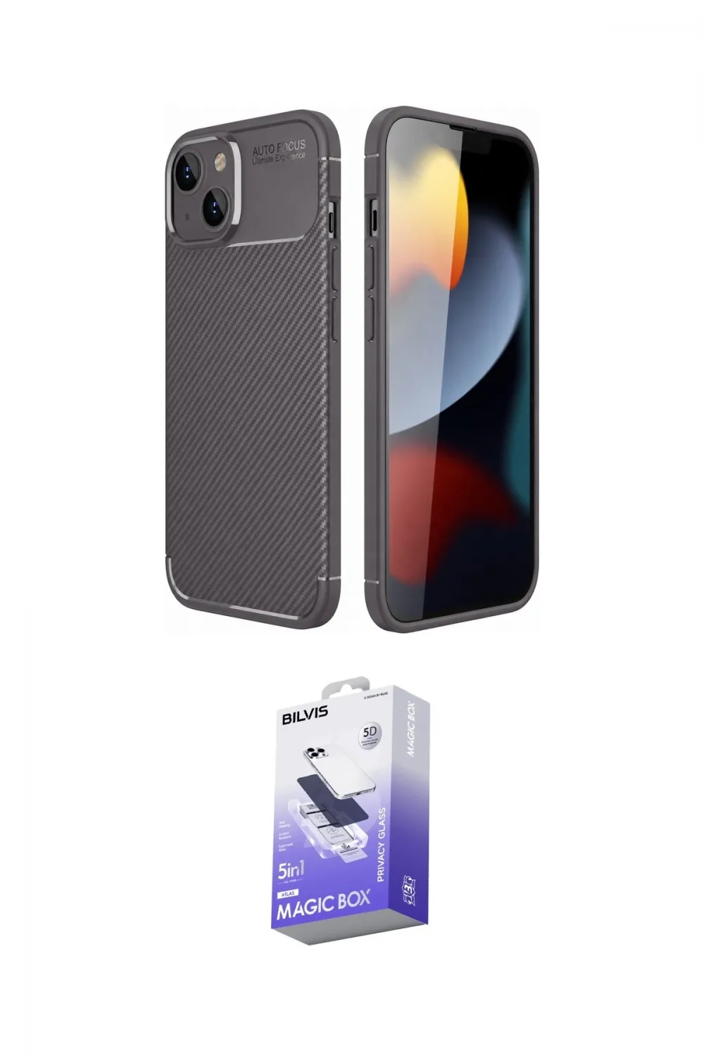 ieg™ iPhone 14 Kılıf Eksen Form Prime - Siyah Bilvis 5in1 5D Magic Hayalet Cam Ekran Koruyucu