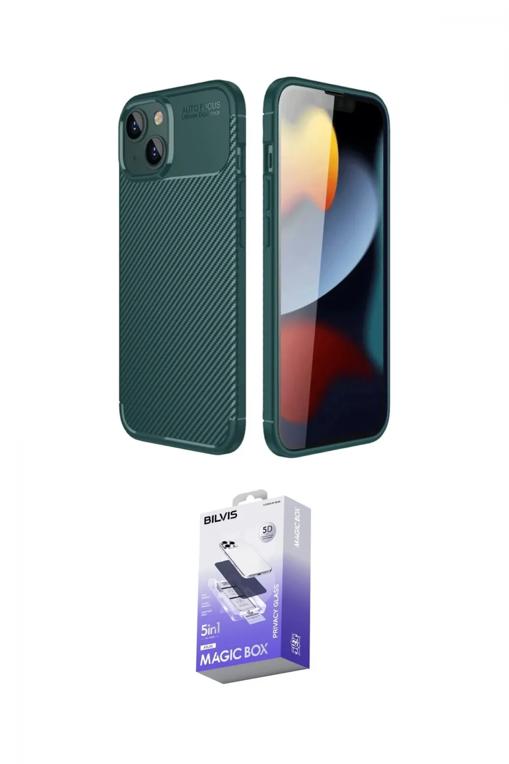 ieg™ iPhone 14 Kılıf Eksen Form Prime - Siyah Bilvis 5in1 5D Magic Hayalet Cam Ekran Koruyucu