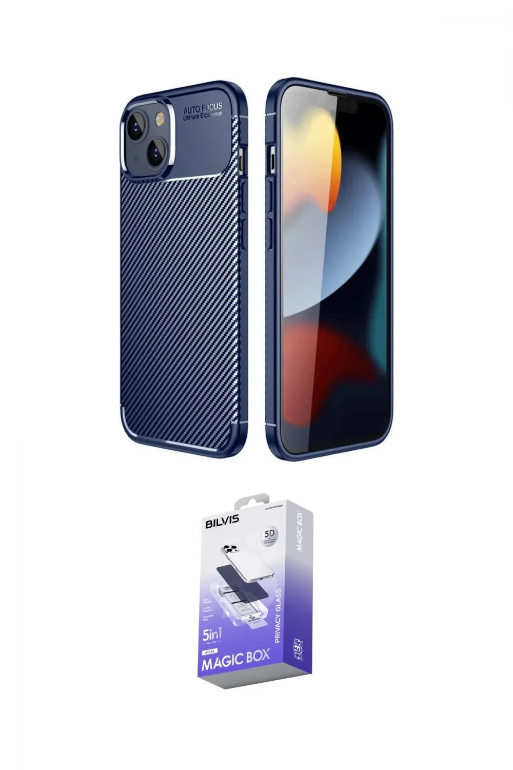 ieg™ iPhone 14 Kılıf Eksen Form Prime - Siyah Bilvis 5in1 5D Magic Hayalet Cam Ekran Koruyucu