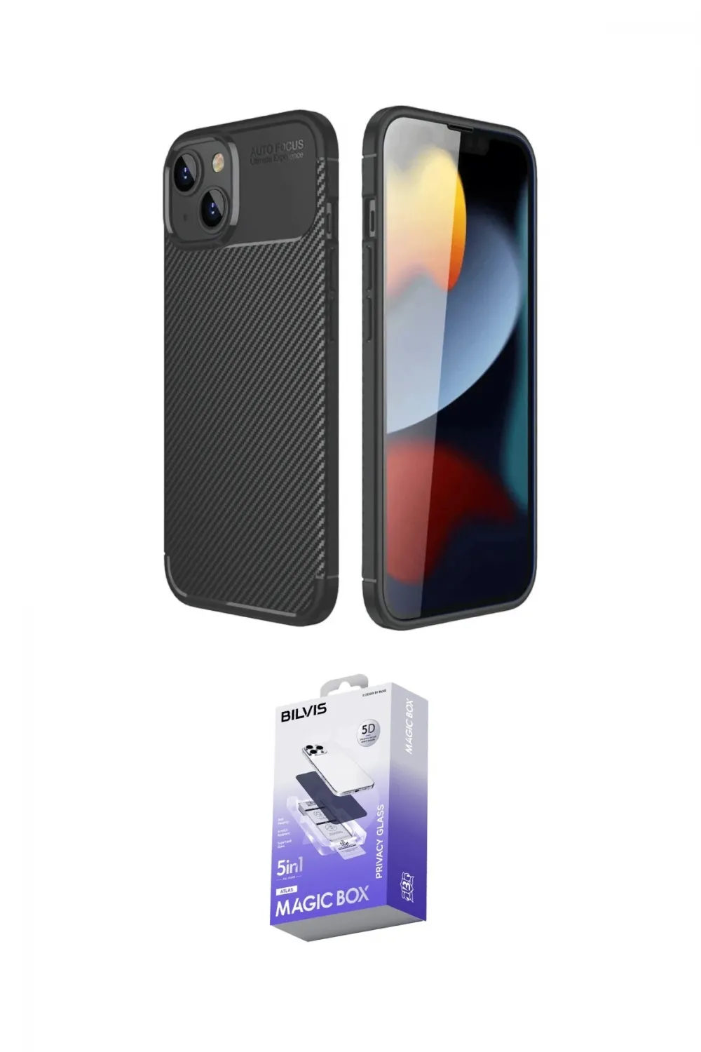 ieg™ iPhone 14 Kılıf Eksen Form Prime - Siyah Bilvis 5in1 5D Magic Hayalet Cam Ekran Koruyucu