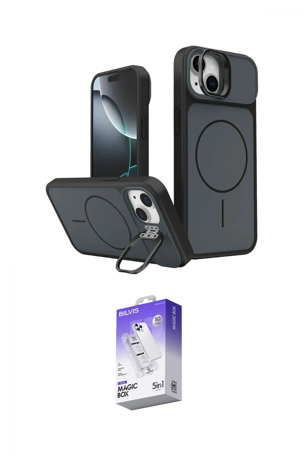 ieg™ iPhone 14 Kılıf İz Modern Prime - Siyah Bilvis 5in1 3D Magic Cam Ekran Koruyucu