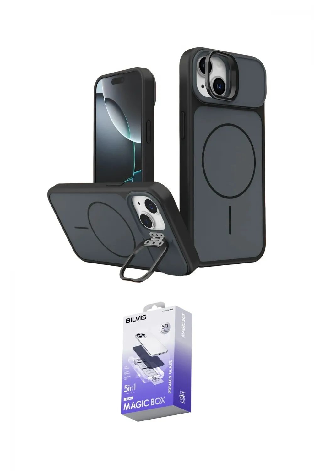 ieg™ iPhone 14 Kılıf İz Modern Prime - Siyah Bilvis 5in1 5D Magic Hayalet Cam Ekran Koruyucu