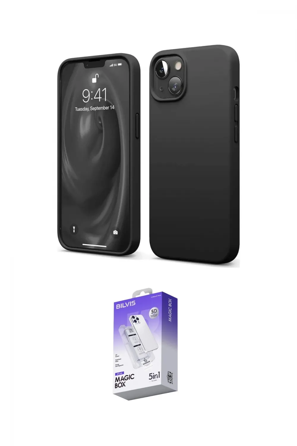 ieg™ iPhone 14 Kılıf Kozmos Yansıma Özel Seri - Siyah Bilvis 5in1 3D Magic Cam Ekran Koruyucu