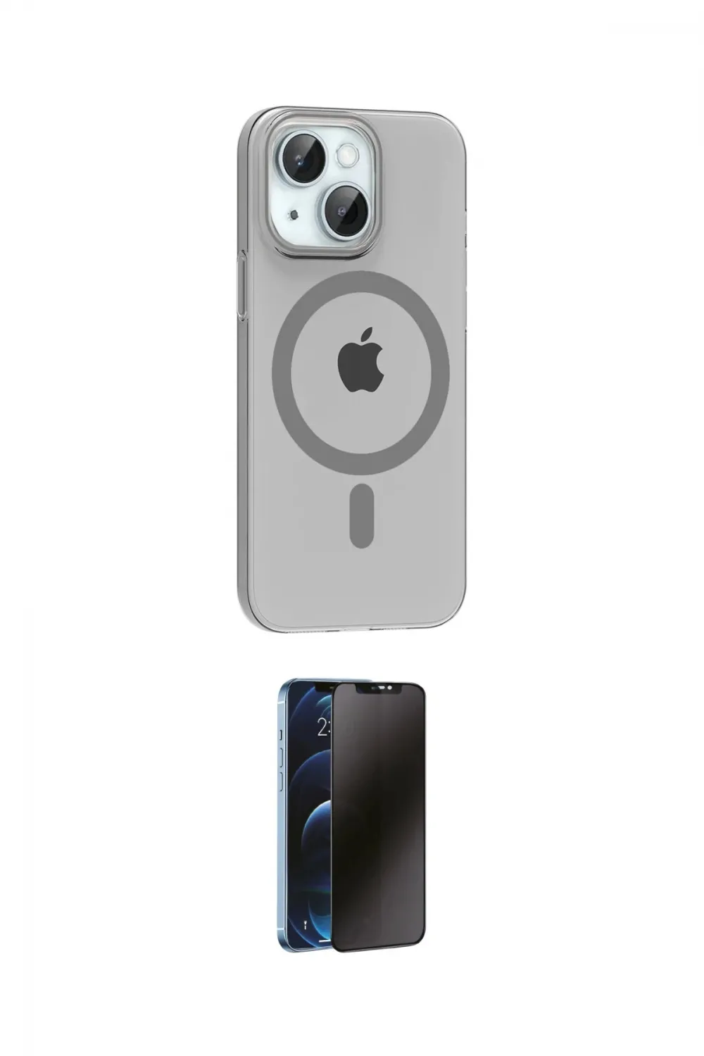 ieg™ iPhone 14 Kılıf Pusula Form Özel Seri - Siyah 3D Antistatik Hayalet Cam Ekran Koruyucu