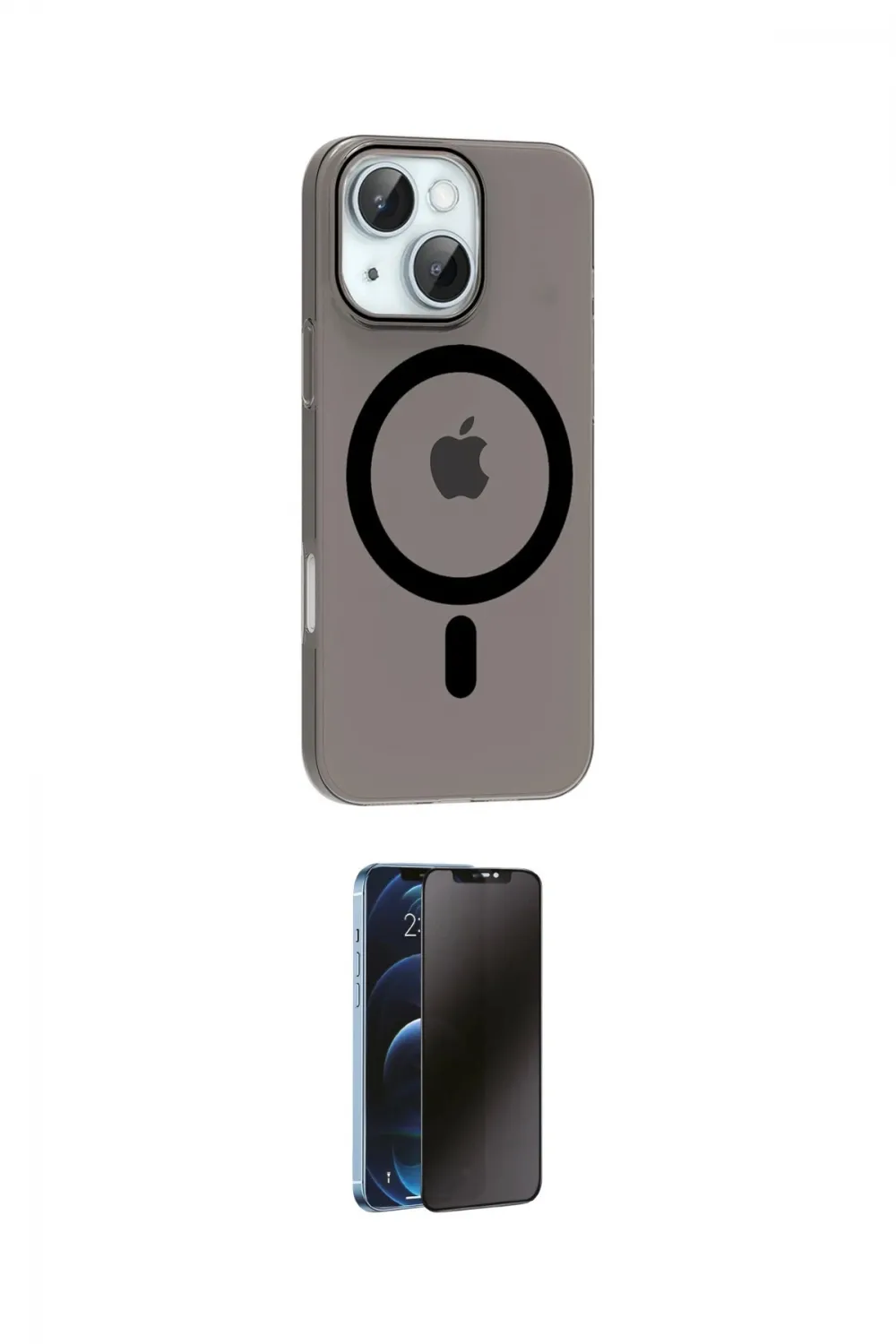 ieg™ iPhone 14 Kılıf Pusula Form Özel Seri - Siyah 3D Antistatik Hayalet Cam Ekran Koruyucu