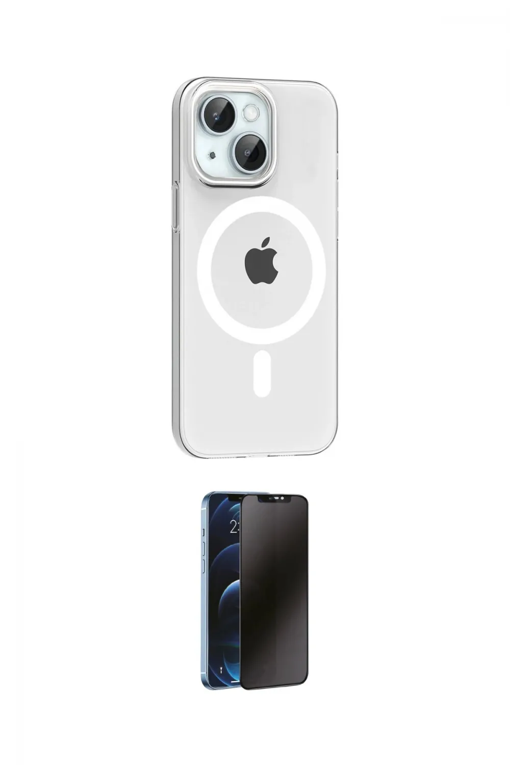 ieg™ iPhone 14 Kılıf Pusula Form Özel Seri - Siyah 3D Antistatik Hayalet Cam Ekran Koruyucu