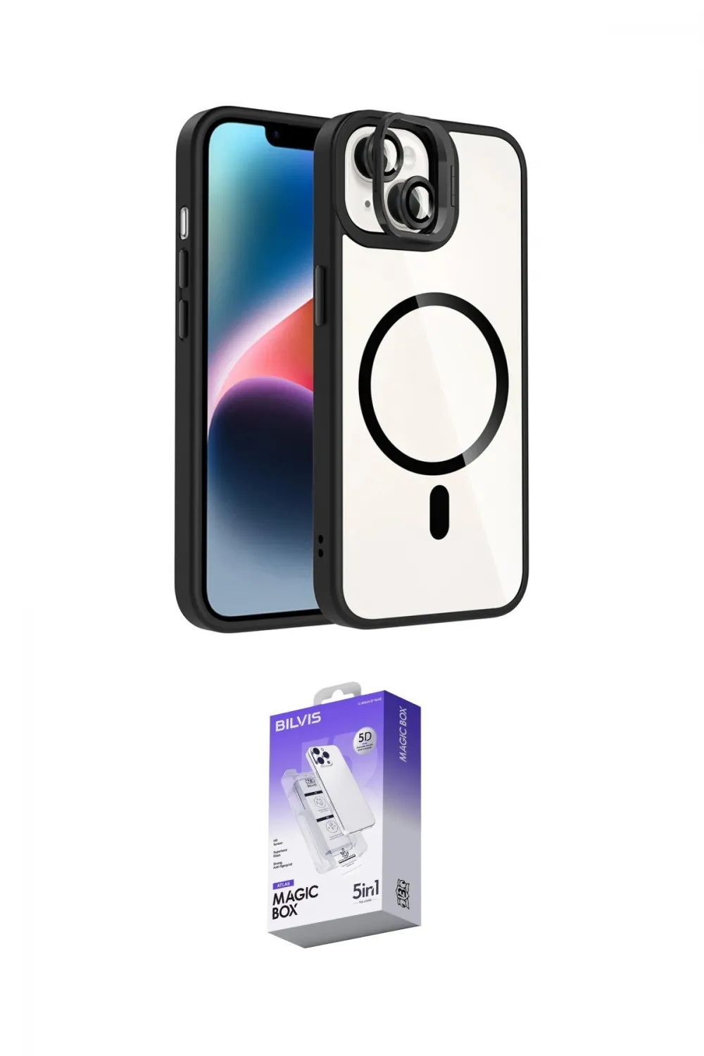 ieg™ iPhone 14 Kılıf Yadigar Asil Koleksiyonu - Siyah Bilvis 5in1 3D Magic Cam Ekran Koruyucu
