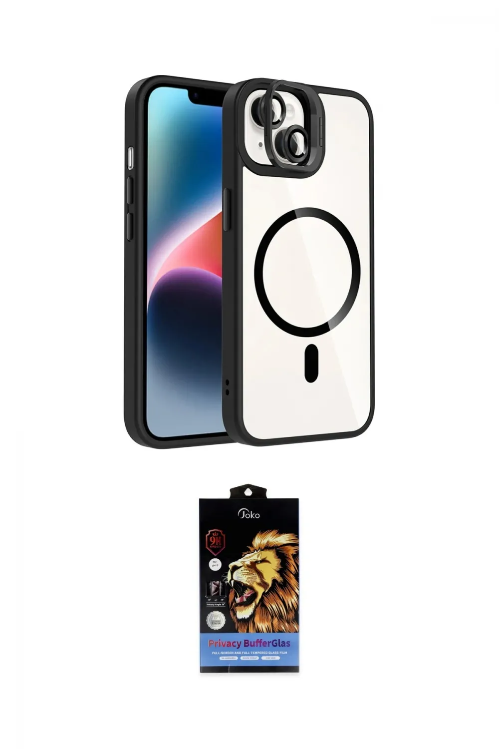 ieg™ iPhone 14 Kılıf Yadigar Asil Koleksiyonu - Siyah Buffer Hayalet Cam Ekran Koruyucu