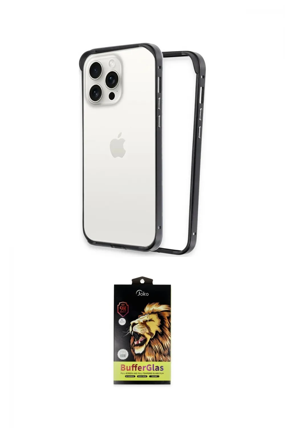 ieg™ iPhone 14 Pro Kılıf Pusula Asil Koleksiyonu - Siyah Buffer Cam Ekran Koruyucu