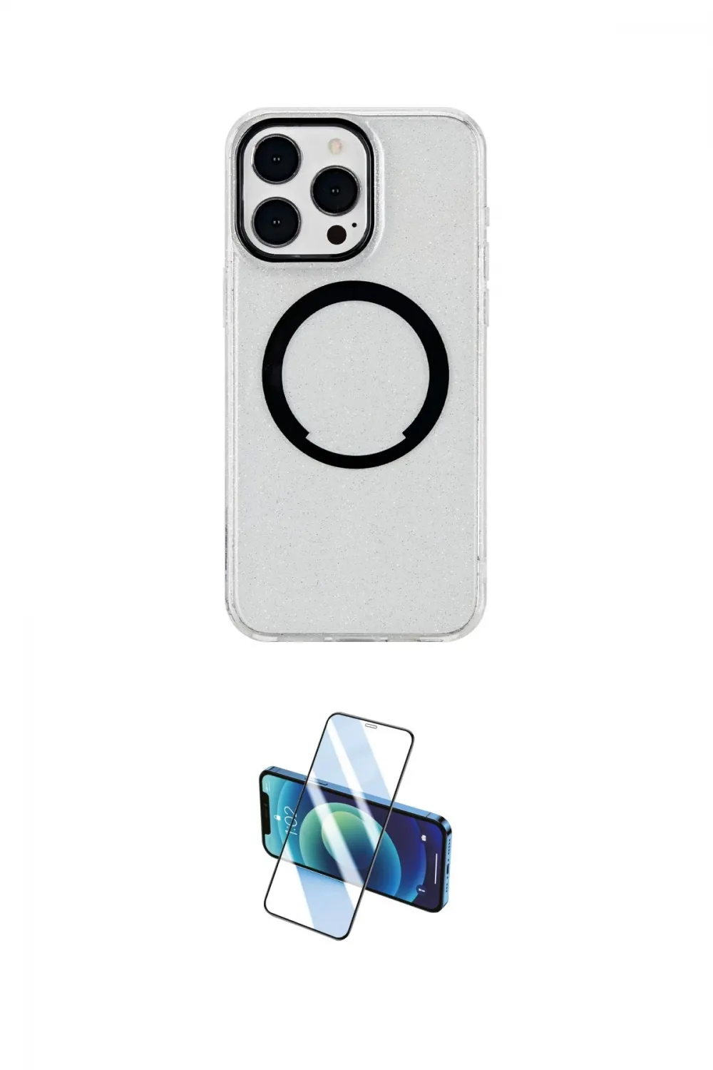 ieg™ iPhone 14 Pro Kılıf Pusula Form - Siyah 3D Antistatik Cam Ekran Koruyucu