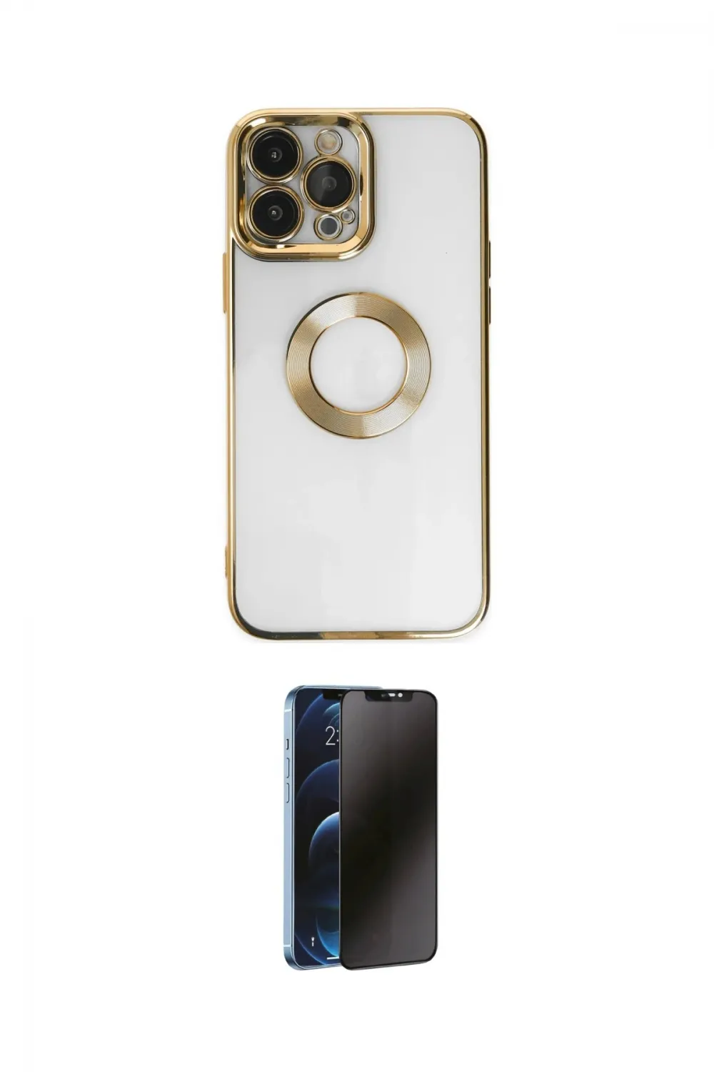 ieg™ iPhone 14 Pro Kılıf Pusula Form - Siyah 3D Antistatik Hayalet Cam Ekran Koruyucu