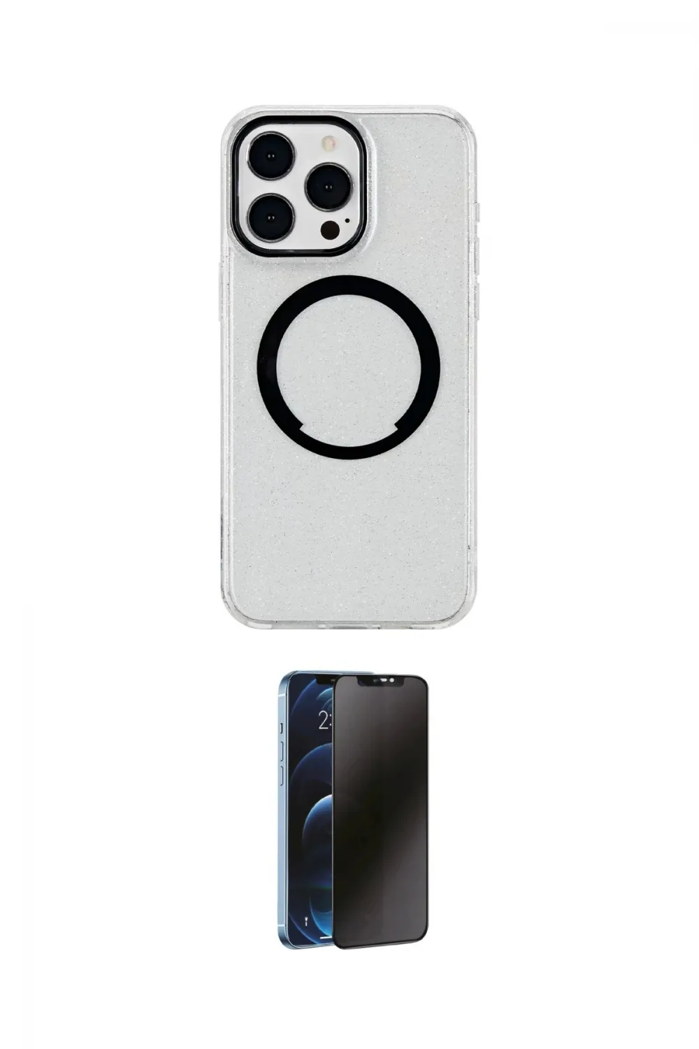 ieg™ iPhone 14 Pro Kılıf Pusula Form - Siyah 3D Antistatik Hayalet Cam Ekran Koruyucu