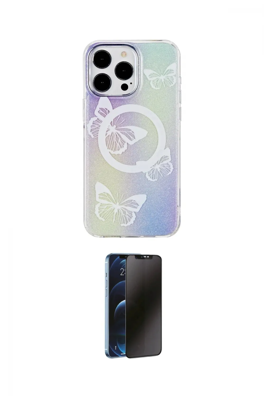 ieg™ iPhone 14 Pro Kılıf Pusula Form - Siyah 3D Antistatik Hayalet Cam Ekran Koruyucu