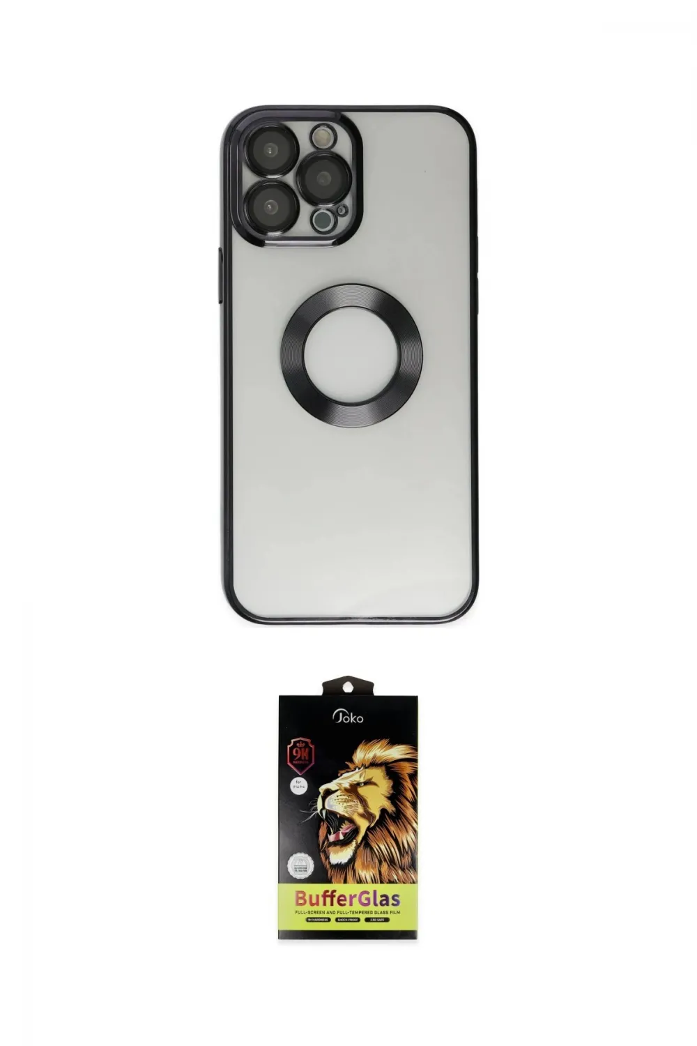 ieg™ iPhone 14 Pro Kılıf Pusula Form - Siyah Buffer Cam Ekran Koruyucu