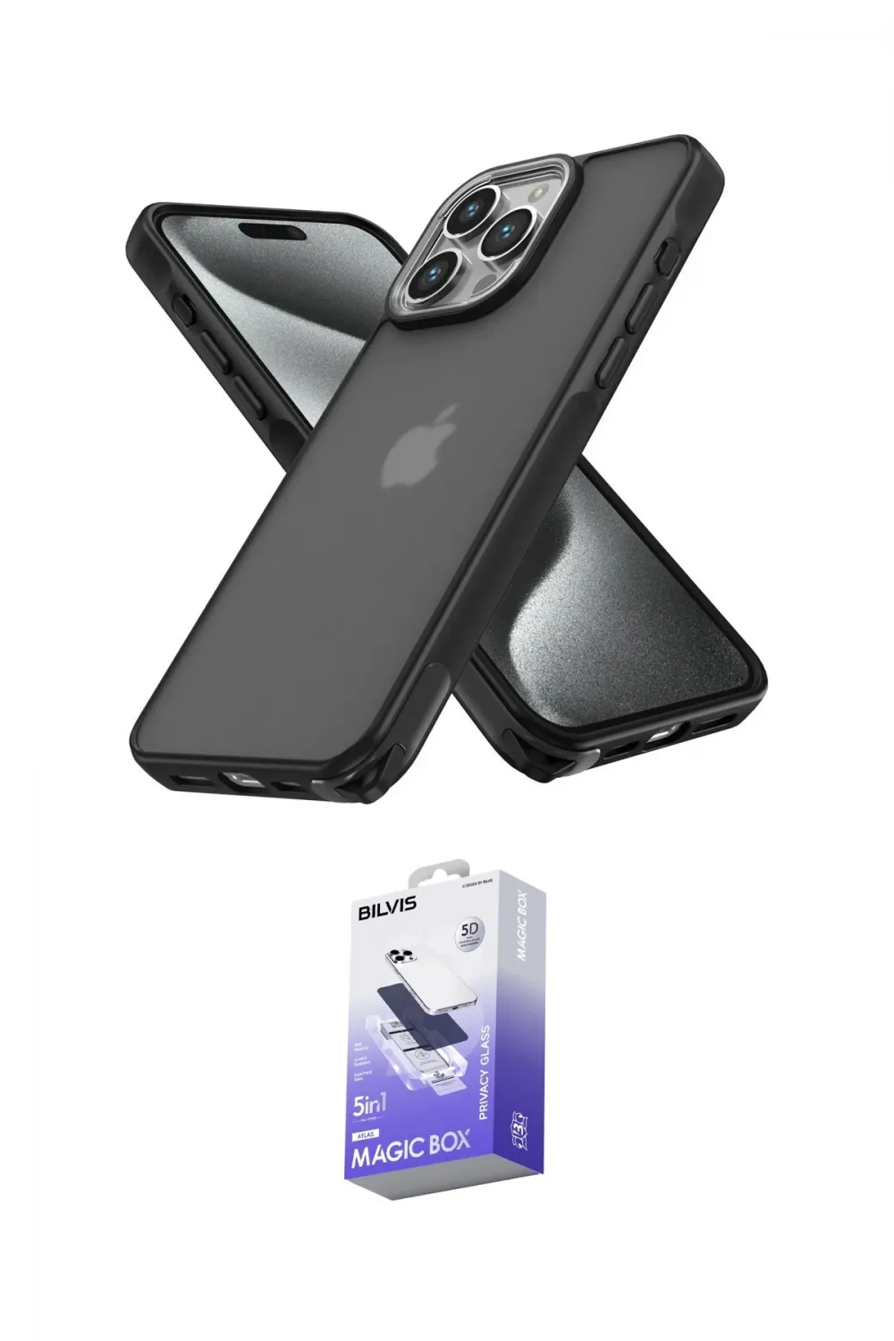 ieg™ iPhone 14 Pro Max Kılıf Atlas Form - Siyah Bilvis 5in1 5D Magic Hayalet Cam Ekran Koruyucu