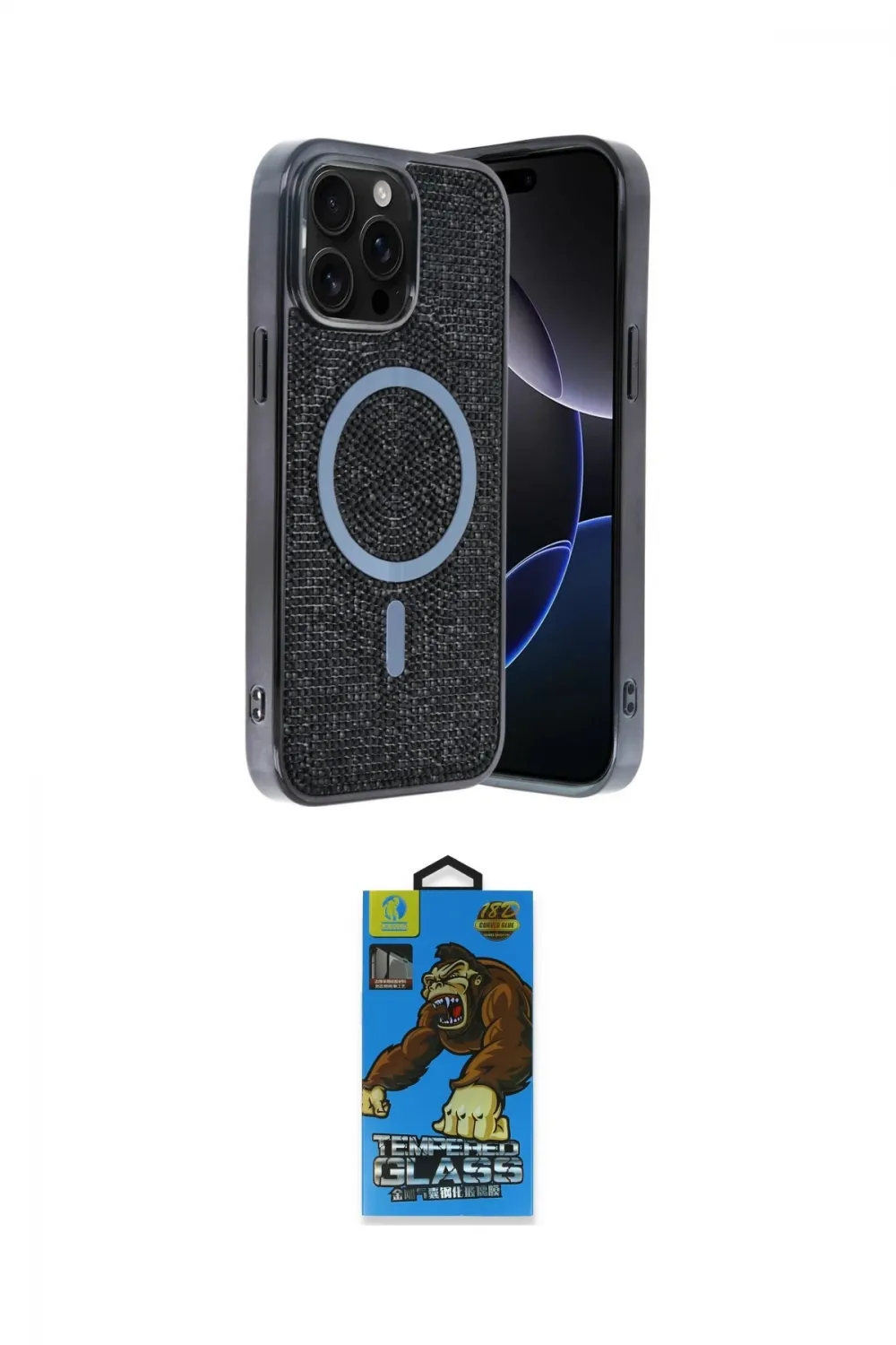 ieg™ iPhone 14 Pro Max Kılıf Eksen Çizgi - Siyah 18D Cam Ekran Koruyucu