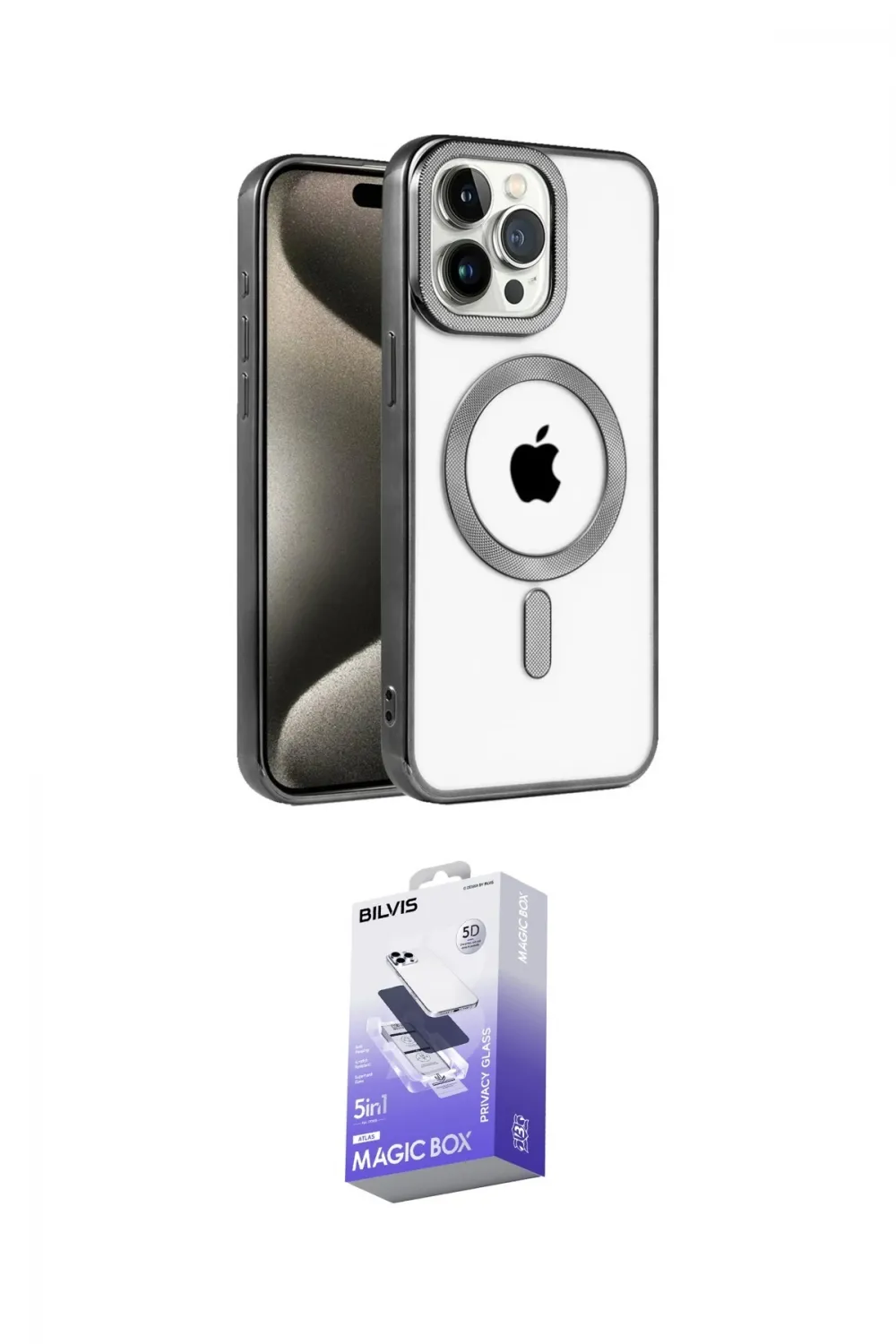 ieg™ iPhone 14 Pro Max Kılıf Eksen Form Koleksiyonu - Siyah Bilvis 5in1 5D Magic Hayalet Cam Ekran Koruyucu