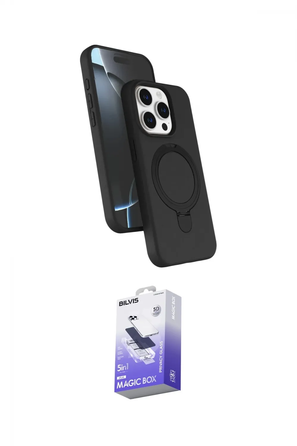 ieg™ iPhone 14 Pro Max Kılıf İz Işık Koleksiyonu - Siyah Bilvis 5in1 5D Magic Hayalet Cam Ekran Koruyucu