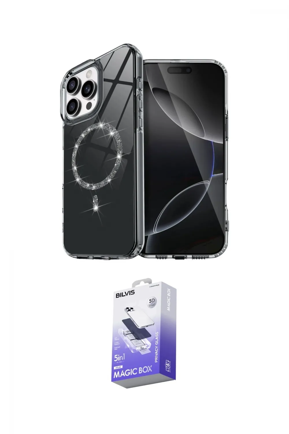 ieg™ iPhone 14 Pro Max Kılıf Kıvılcım Form Prime - Siyah Bilvis 5in1 5D Magic Hayalet Cam Ekran Koruyucu