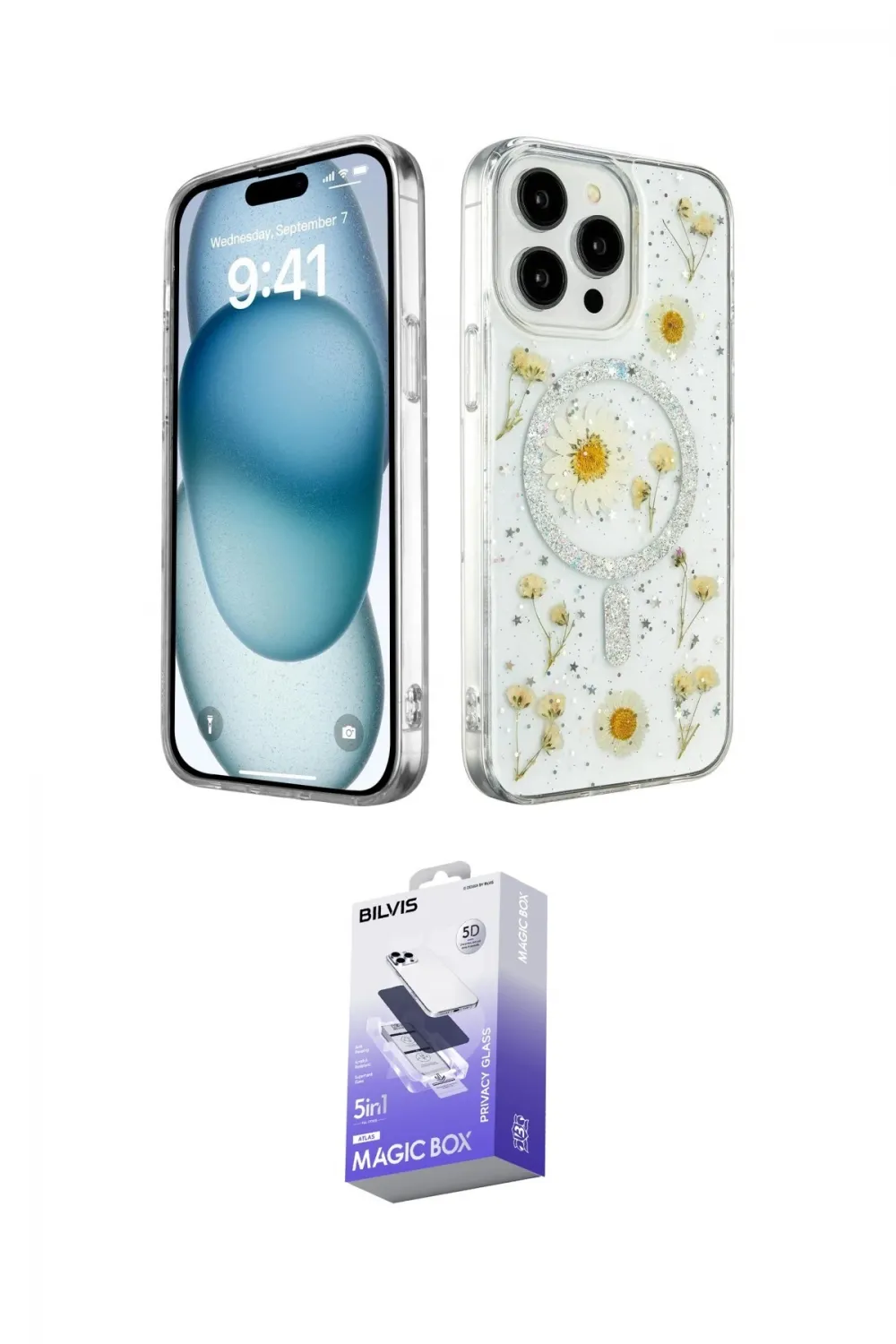 ieg™ iPhone 14 Pro Max Kılıf Kozmos Doku - Siyah Bilvis 5in1 5D Magic Hayalet Cam Ekran Koruyucu