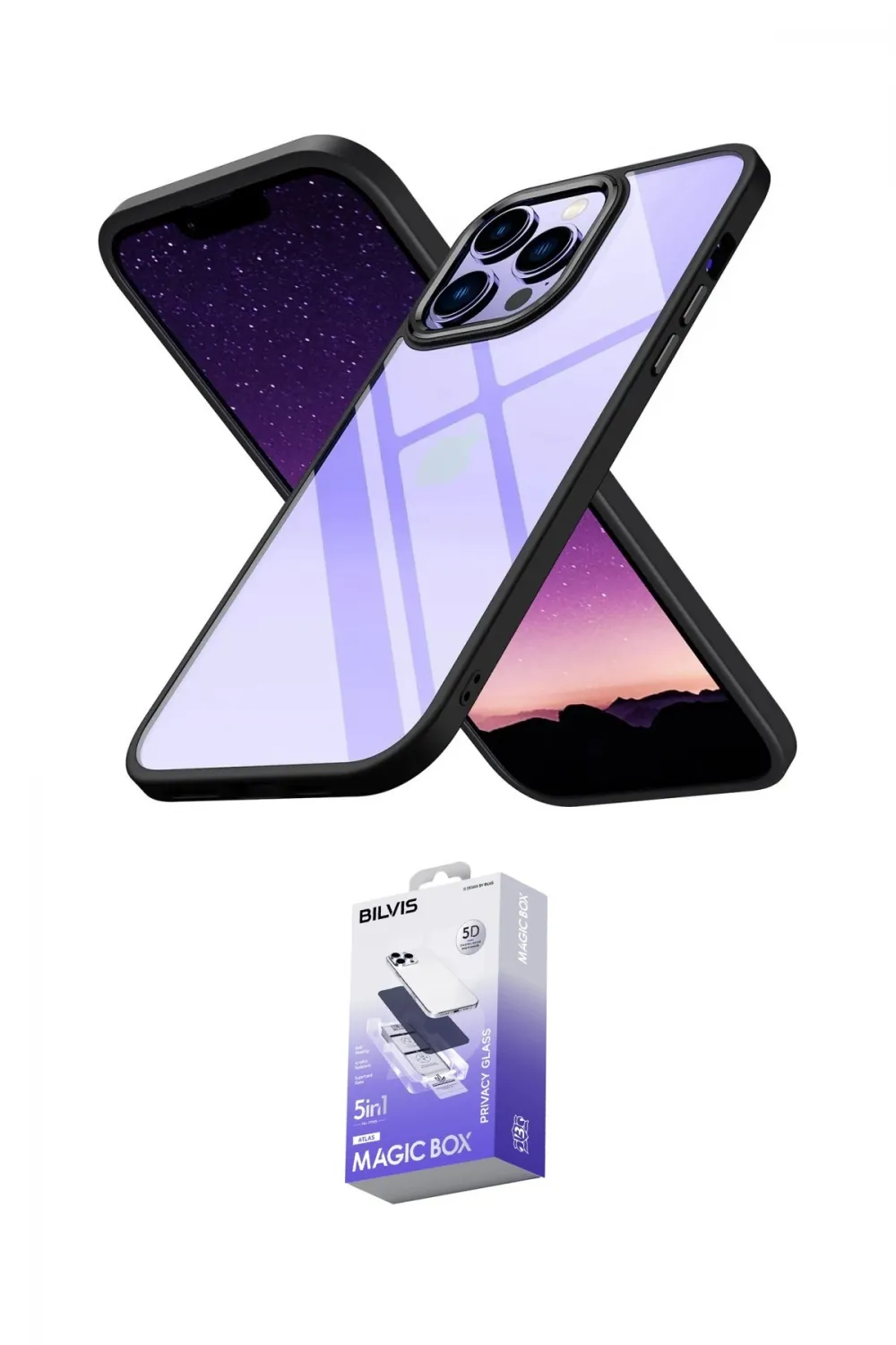 ieg™ iPhone 14 Pro Max Kılıf Nova Işık Serisi - Siyah Bilvis 5in1 5D Magic Hayalet Cam Ekran Koruyucu