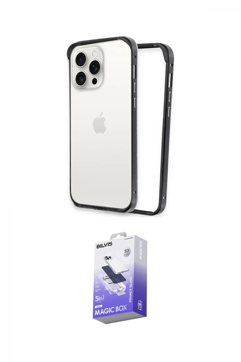 ieg™ iPhone 14 Pro Max Kılıf Pusula Asil Koleksiyonu - Siyah Bilvis 5in1 5D Magic Hayalet Cam Ekran Koruyucu