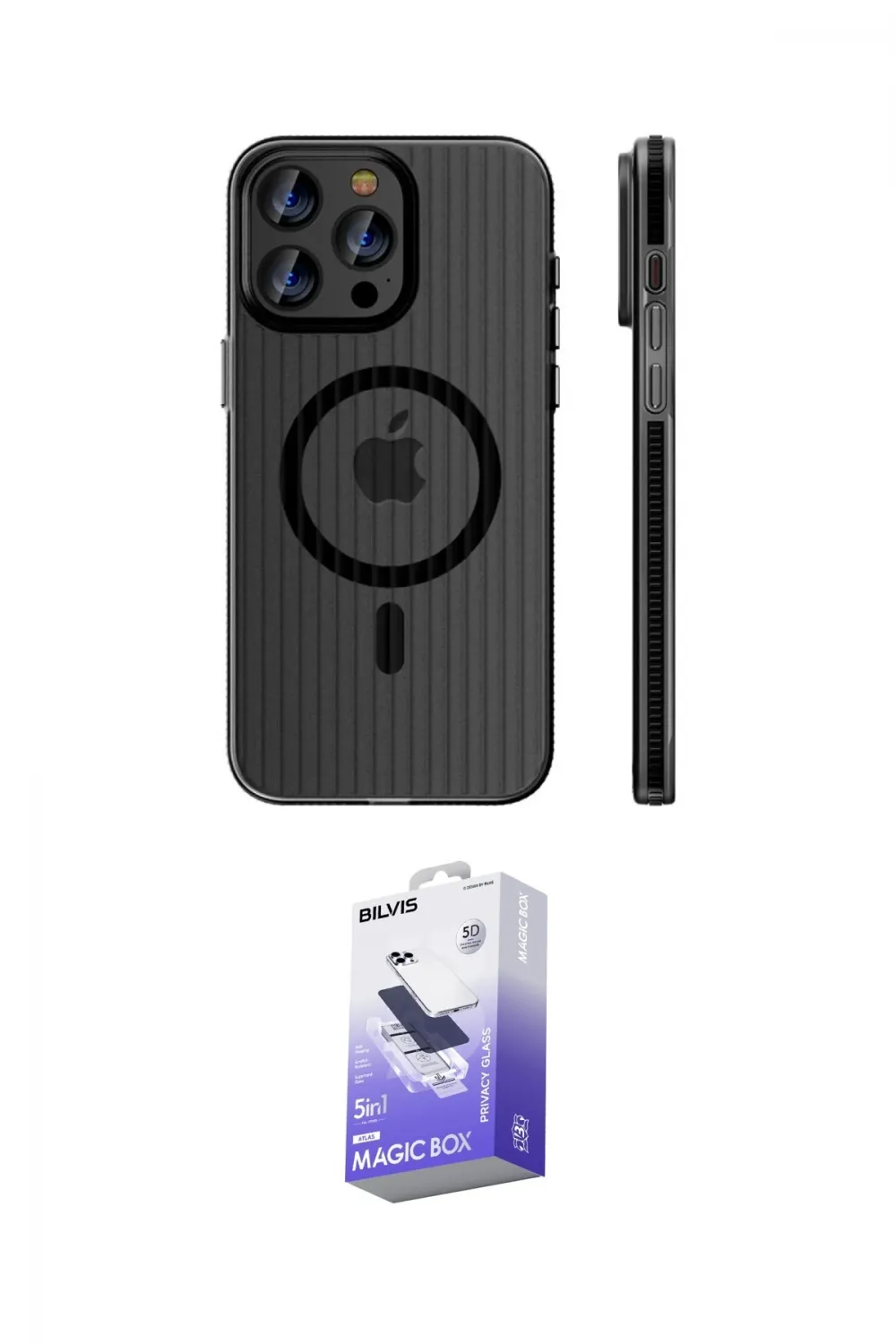 ieg™ iPhone 14 Pro Max Kılıf Pusula Minimal Koleksiyonu - Siyah Bilvis 5in1 5D Magic Hayalet Cam Ekran Koruyucu