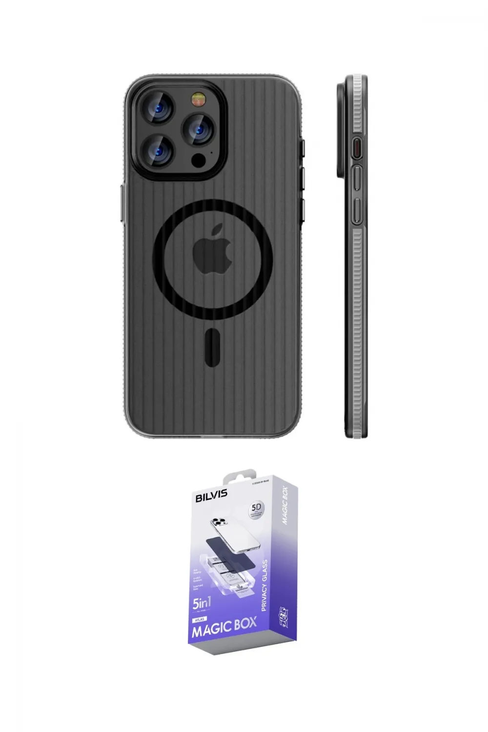 ieg™ iPhone 14 Pro Max Kılıf Pusula Minimal Koleksiyonu - Siyah Bilvis 5in1 5D Magic Hayalet Cam Ekran Koruyucu