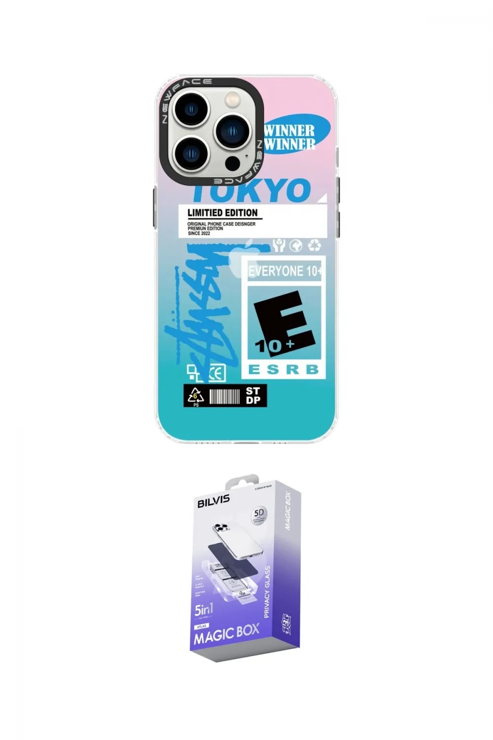 ieg™ iPhone 14 Pro Max Kılıf Siluet Çizgi Koleksiyonu - Siyah Bilvis 5in1 5D Magic Hayalet Cam Ekran Koruyucu