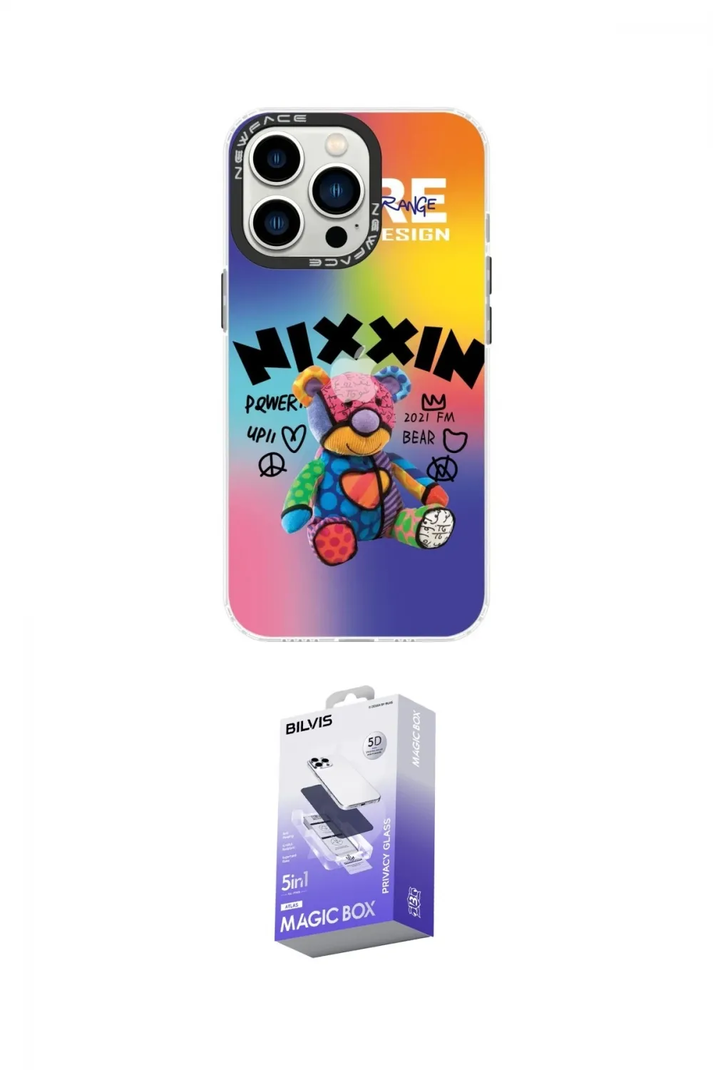 ieg™ iPhone 14 Pro Max Kılıf Siluet Çizgi Koleksiyonu - Siyah Bilvis 5in1 5D Magic Hayalet Cam Ekran Koruyucu